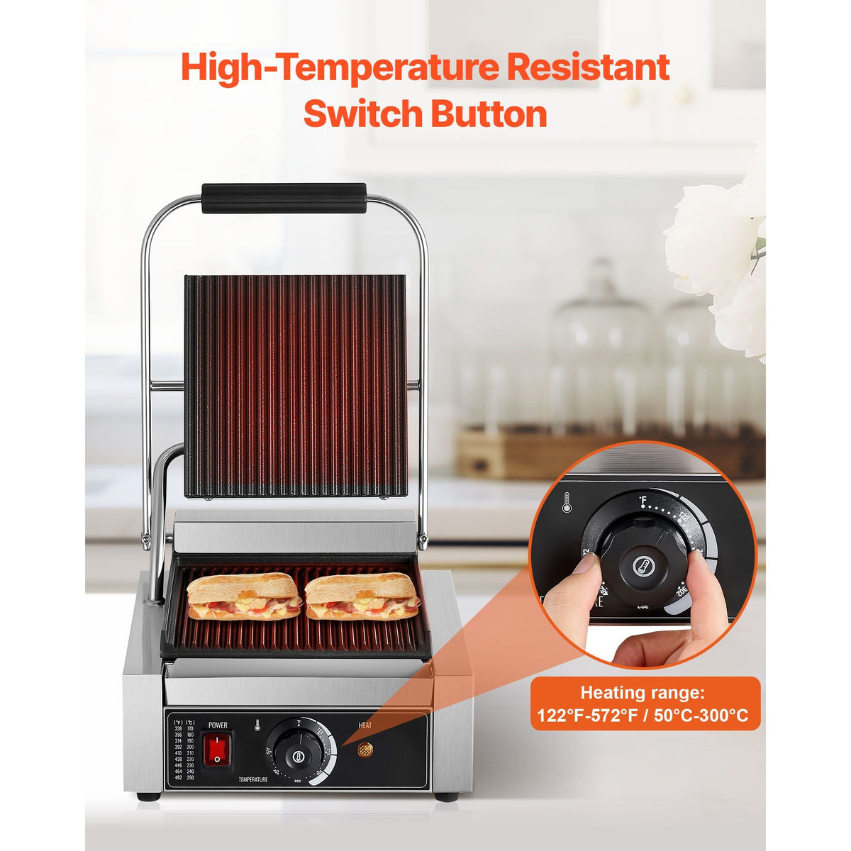 Commercial Panini Grill, 1800W Electric Sandwich Panini Maker, Stainless Steel Sandwichs Press Grill with Handle and Temp Control, 8.8x9 in Full Grooved Enamel Plate for Hamburger Steak Bacon