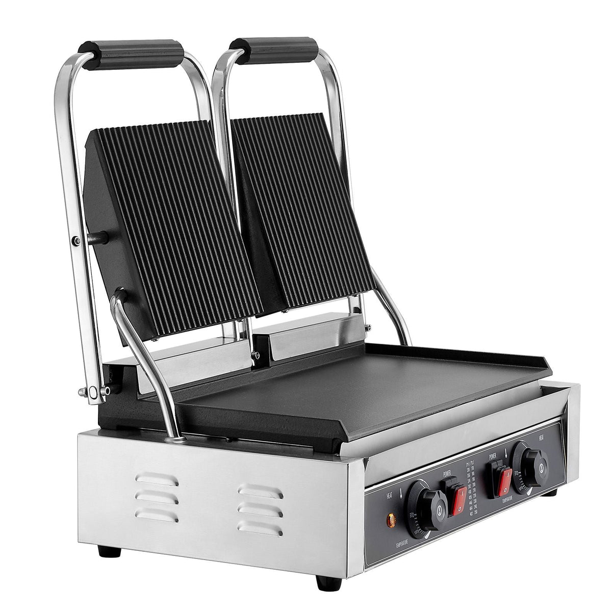 Commercial Panini Grill, 3600W Electric Sandwich Panini Maker, Stainless Steel Double Sandwichs Press Grill with Handle and Temp Control, 19x9 in Flat Enamel Plate for Hamburger Steak Bacon