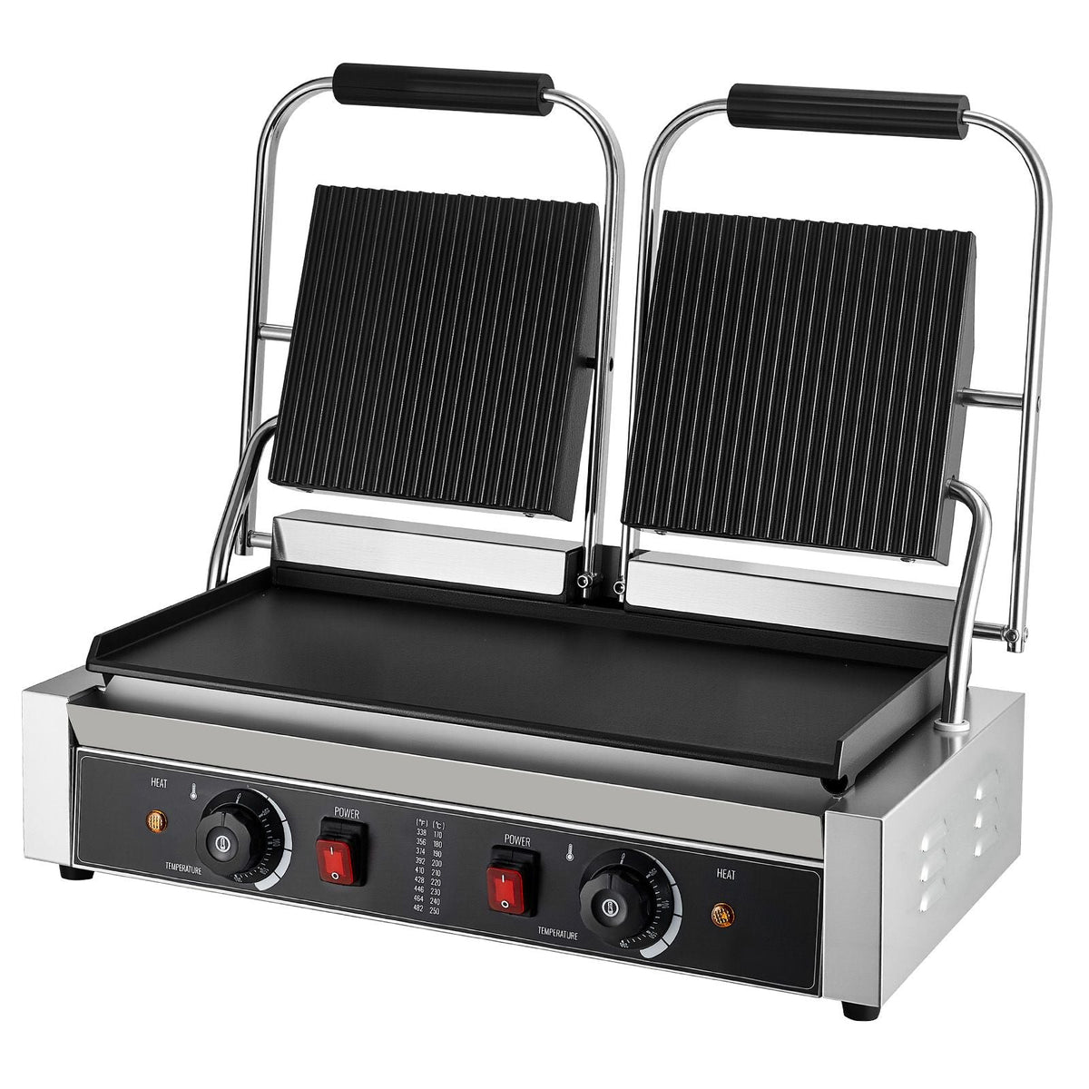 Commercial Panini Grill, 3600W Electric Sandwich Panini Maker, Stainless Steel Double Sandwichs Press Grill with Handle and Temp Control, 19x9 in Flat Enamel Plate for Hamburger Steak Bacon