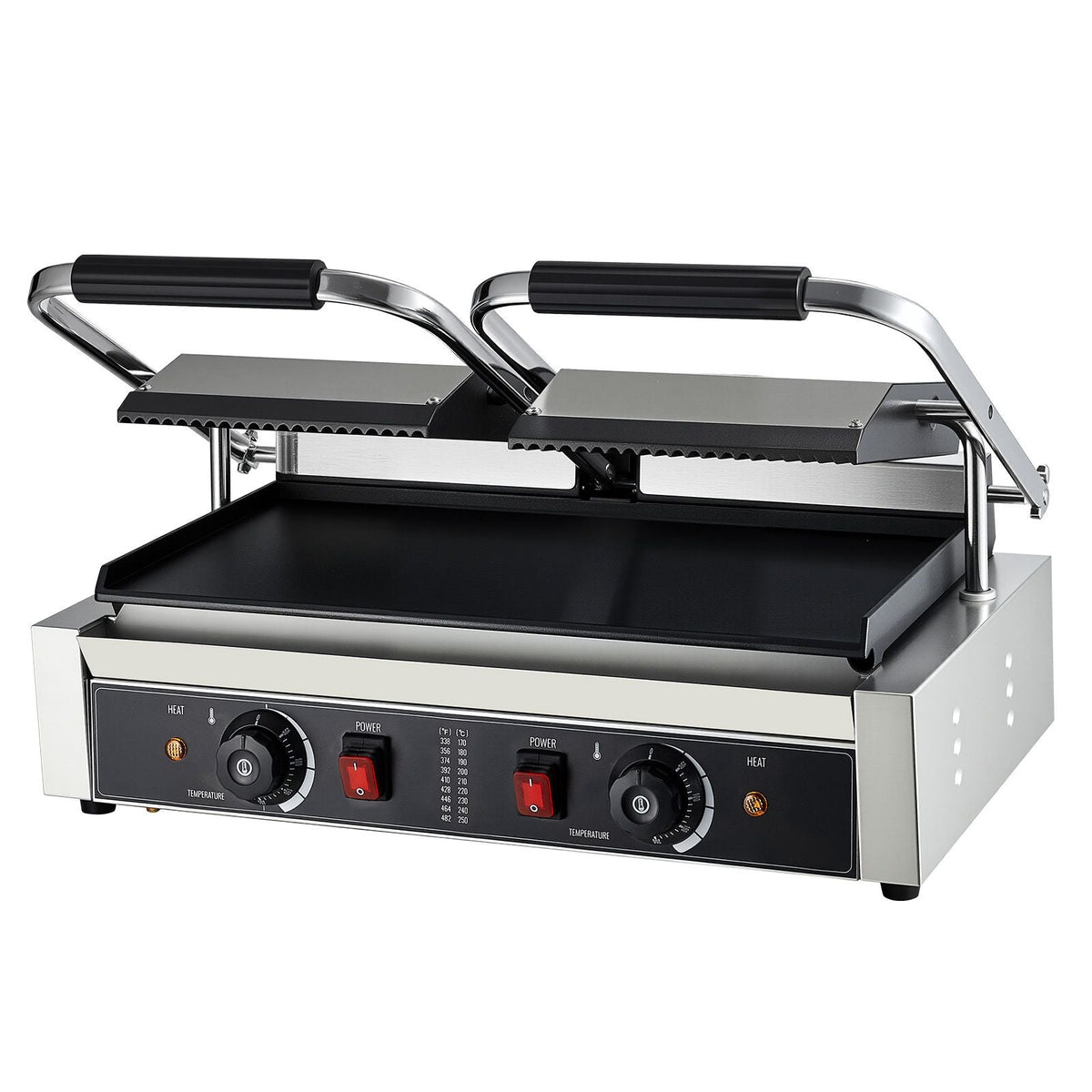 Commercial Panini Grill, 3600W Electric Sandwich Panini Maker, Stainless Steel Double Sandwichs Press Grill with Handle and Temp Control, 19x9 in Flat Enamel Plate for Hamburger Steak Bacon