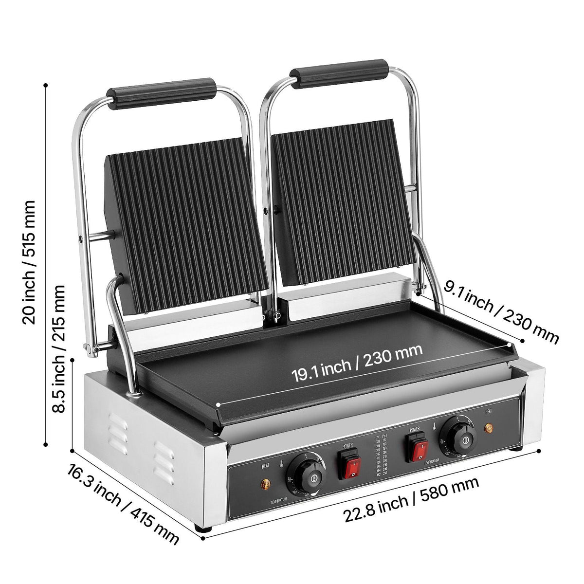 Commercial Panini Grill, 3600W Electric Sandwich Panini Maker, Stainless Steel Double Sandwichs Press Grill with Handle and Temp Control, 19x9 in Flat Enamel Plate for Hamburger Steak Bacon