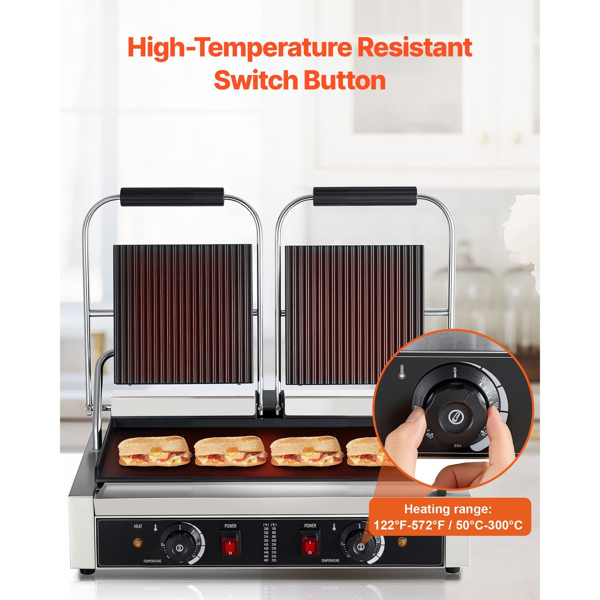 Commercial Panini Grill, 3600W Electric Sandwich Panini Maker, Stainless Steel Double Sandwichs Press Grill with Handle and Temp Control, 19x9 in Flat Enamel Plate for Hamburger Steak Bacon