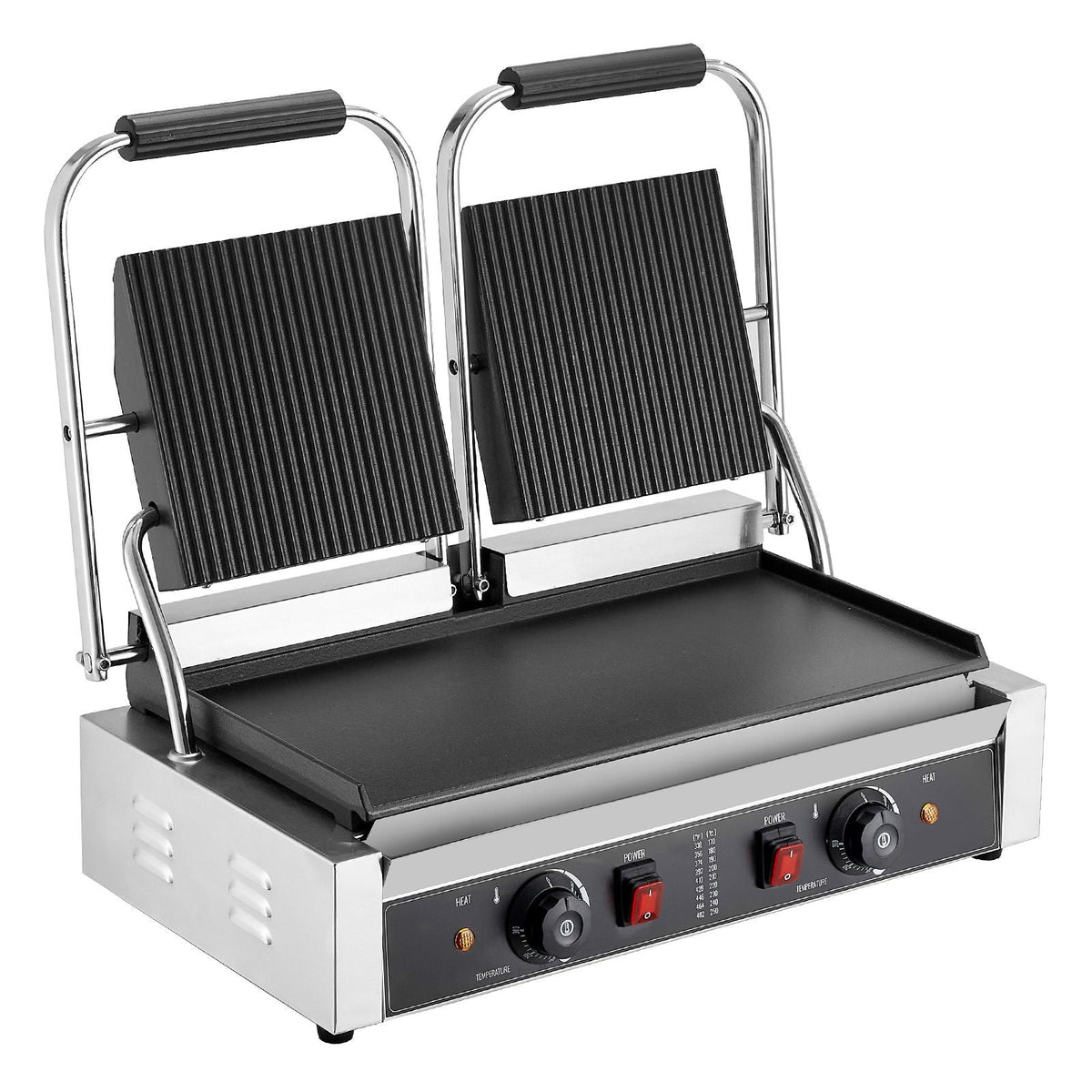 Commercial Panini Grill, 3600W Electric Sandwich Panini Maker, Stainless Steel Double Sandwichs Press Grill with Handle and Temp Control, 19x9 in Flat Enamel Plate for Hamburger Steak Bacon