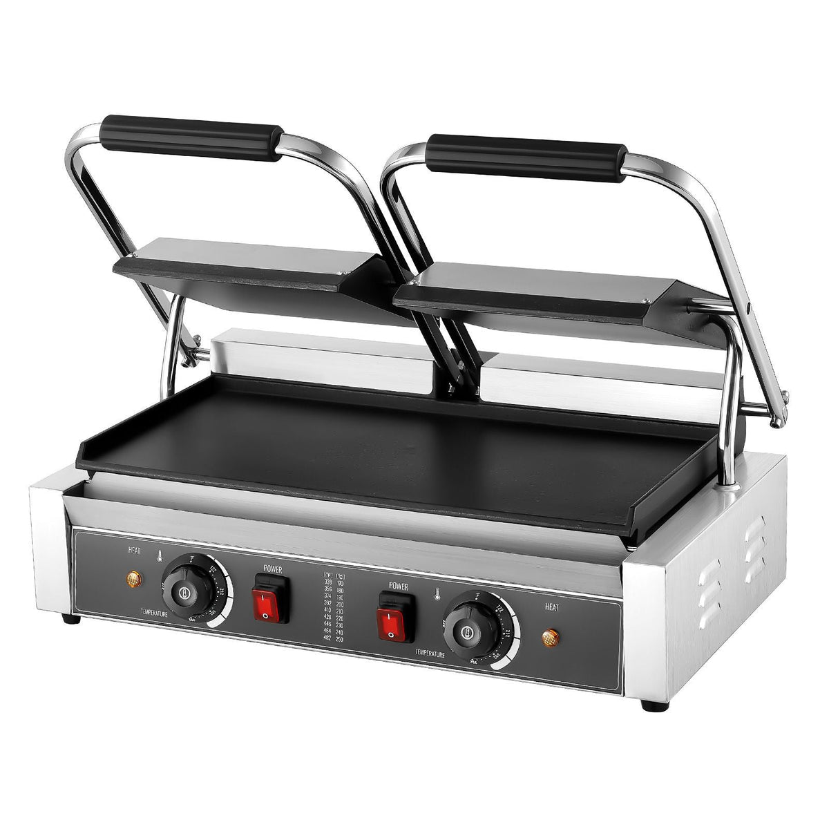 Commercial Panini Grill, 3600W Electric Sandwich Panini Maker, Stainless Steel Double Sandwichs Press with Handle and Temp Control, 19x9 in Full Flat Enamel Plate, for Hamburger Steak Bacon