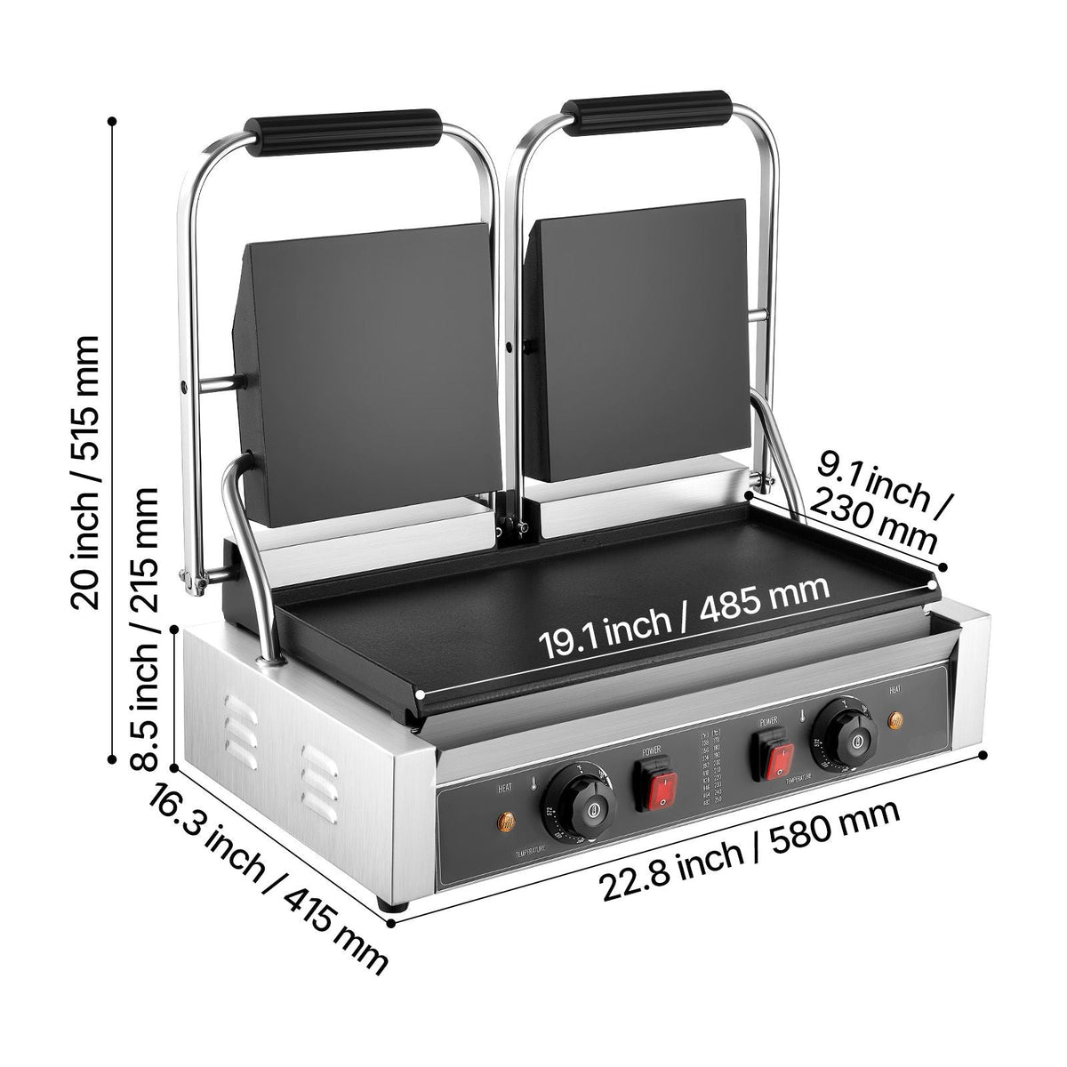 Commercial Panini Grill, 3600W Electric Sandwich Panini Maker, Stainless Steel Double Sandwichs Press with Handle and Temp Control, 19x9 in Full Flat Enamel Plate, for Hamburger Steak Bacon