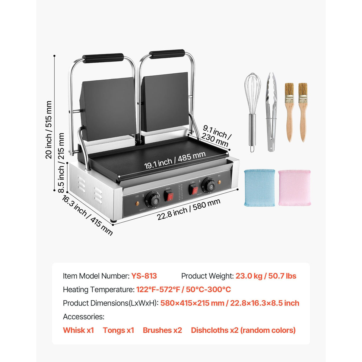 Commercial Panini Grill, 3600W Electric Sandwich Panini Maker, Stainless Steel Double Sandwichs Press with Handle and Temp Control, 19x9 in Full Flat Enamel Plate, for Hamburger Steak Bacon