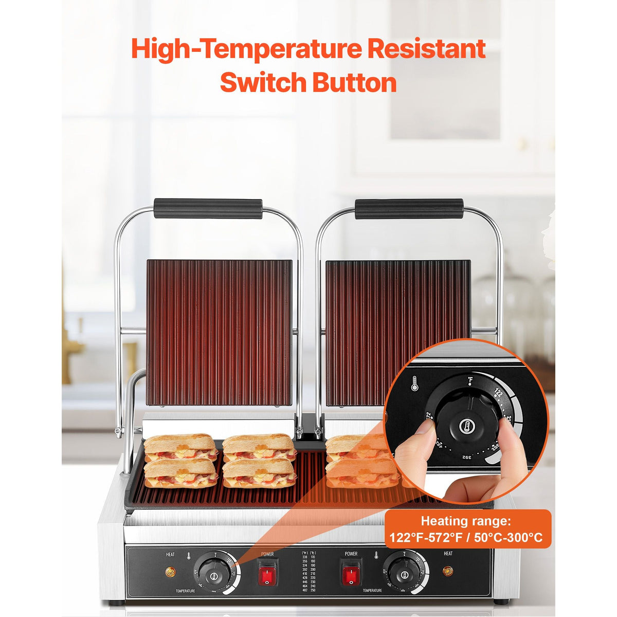 Commercial Panini Grill, 3600W Electric Sandwich Panini Maker, Stainless Steel Double Sandwichs Press with Handle and Temp Control, 19x9 in Full Grooved Enamel Plate, for Hamburger Steak Bacon