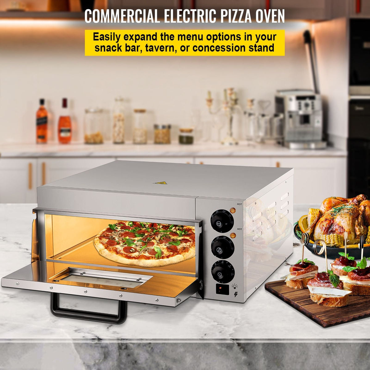 Commercial Pizza Oven Countertop, 14\" Single Deck Layer, 110V 1300W Stainless Steel Electric Pizza Oven with Stone and Shelf, Multipurpose Indoor Pizza Maker for Restaurant Home Pretzels Baked