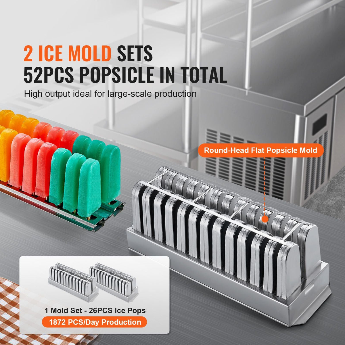 Commercial Popsicle Machine, 2 Mould Set - 52 PCS Ice Pops Making Machine, Stainless Steel Commercial Ice Lolly Maker, Ice Sticks Popsicle Machine for Bar, Cafes, Milktea Store (26PCS / Mould Se