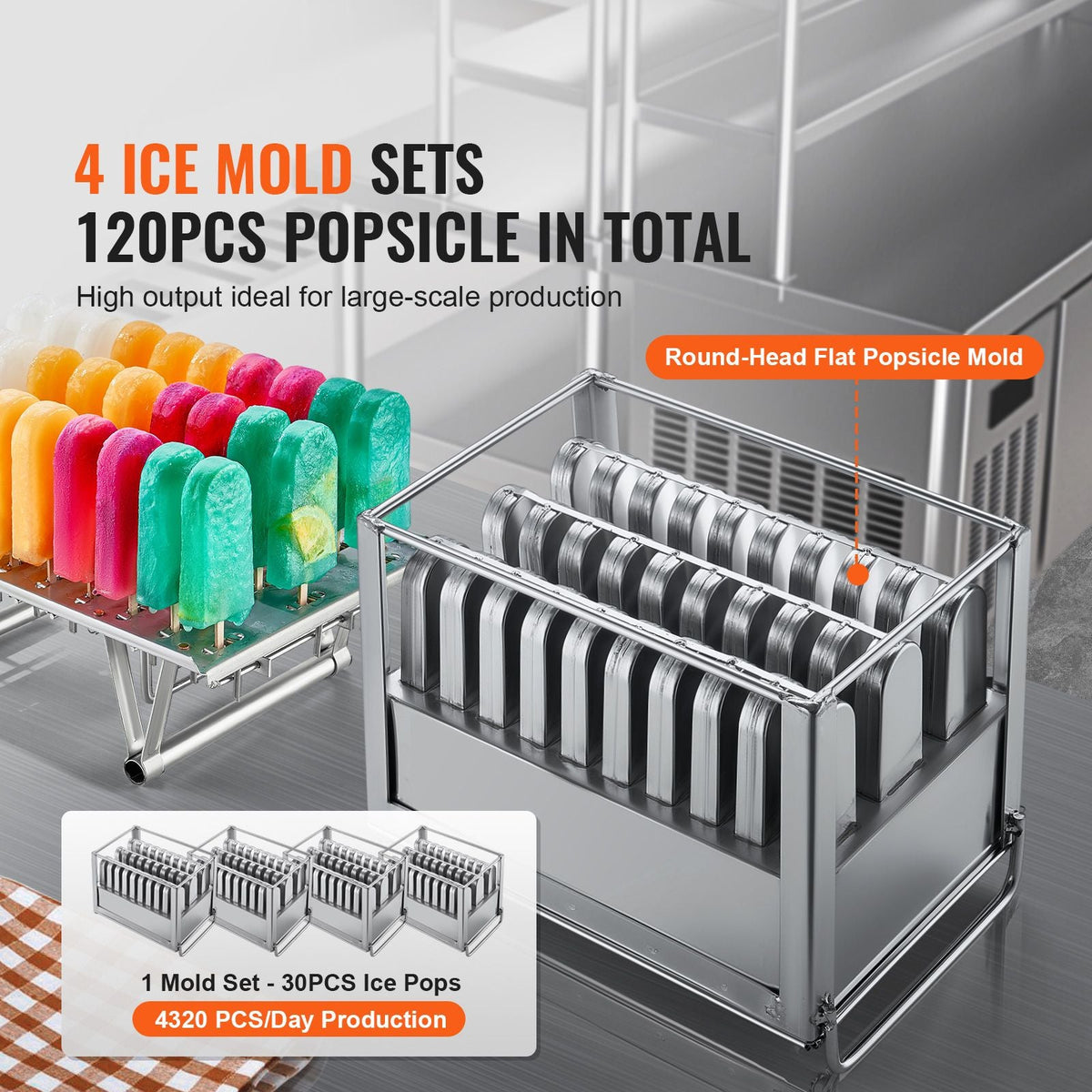 Commercial Popsicle Machine, 4 Mould Set - 120 PCS Ice Pops Making Machine, Stainless Steel Commercial Ice Lolly Maker, Ice Sticks Popsicle Machine for Bar, Cafes, Milktea Store (30PCS / Mould S