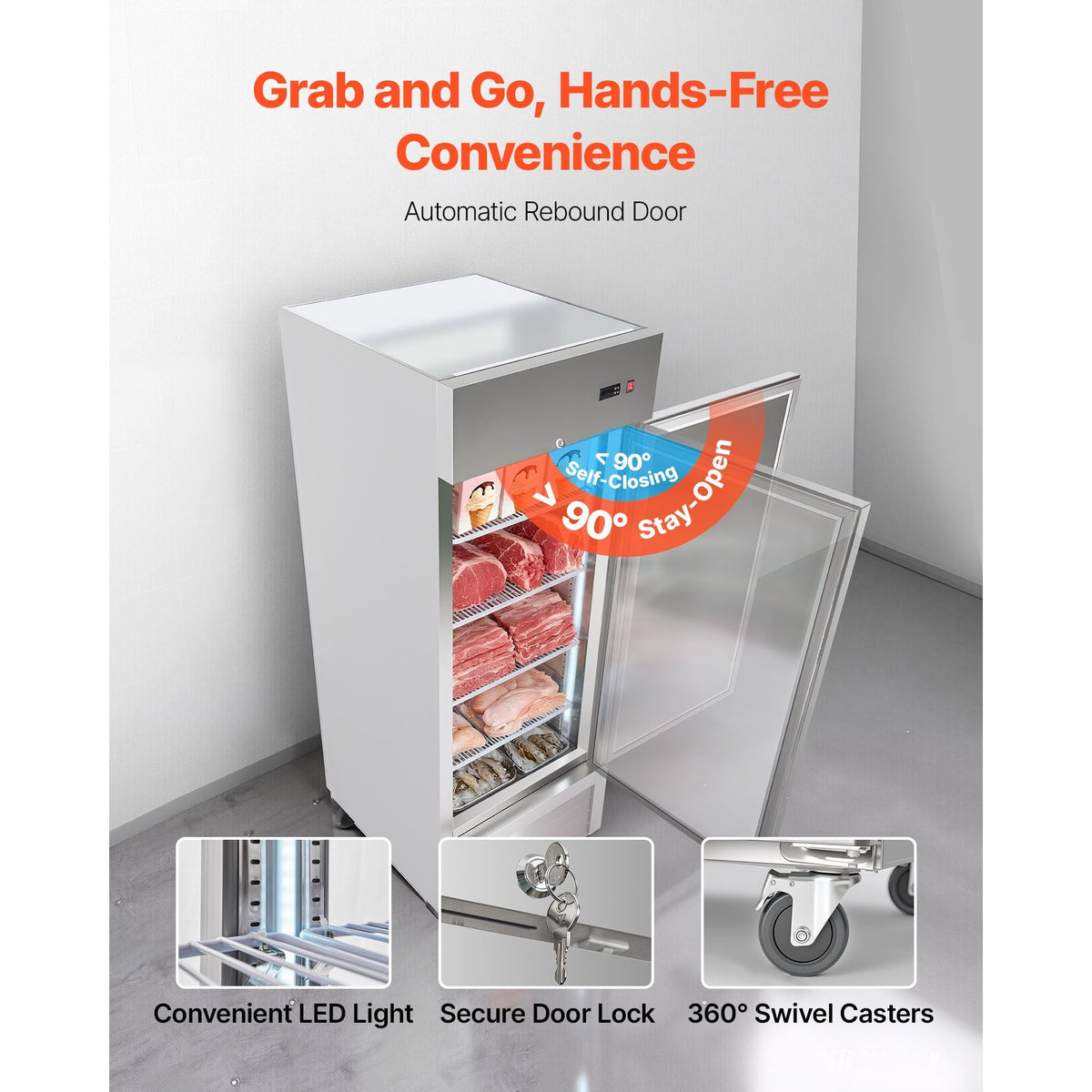 Commercial Reach-In Freezer 29" W, 22 Cu.Ft Stainless Steel Upright Freezer with Single Door, Auto-Defrost, 4 Adjustable Shelves, -11 to 14 F Temp Control, LED Light, ETL Certified