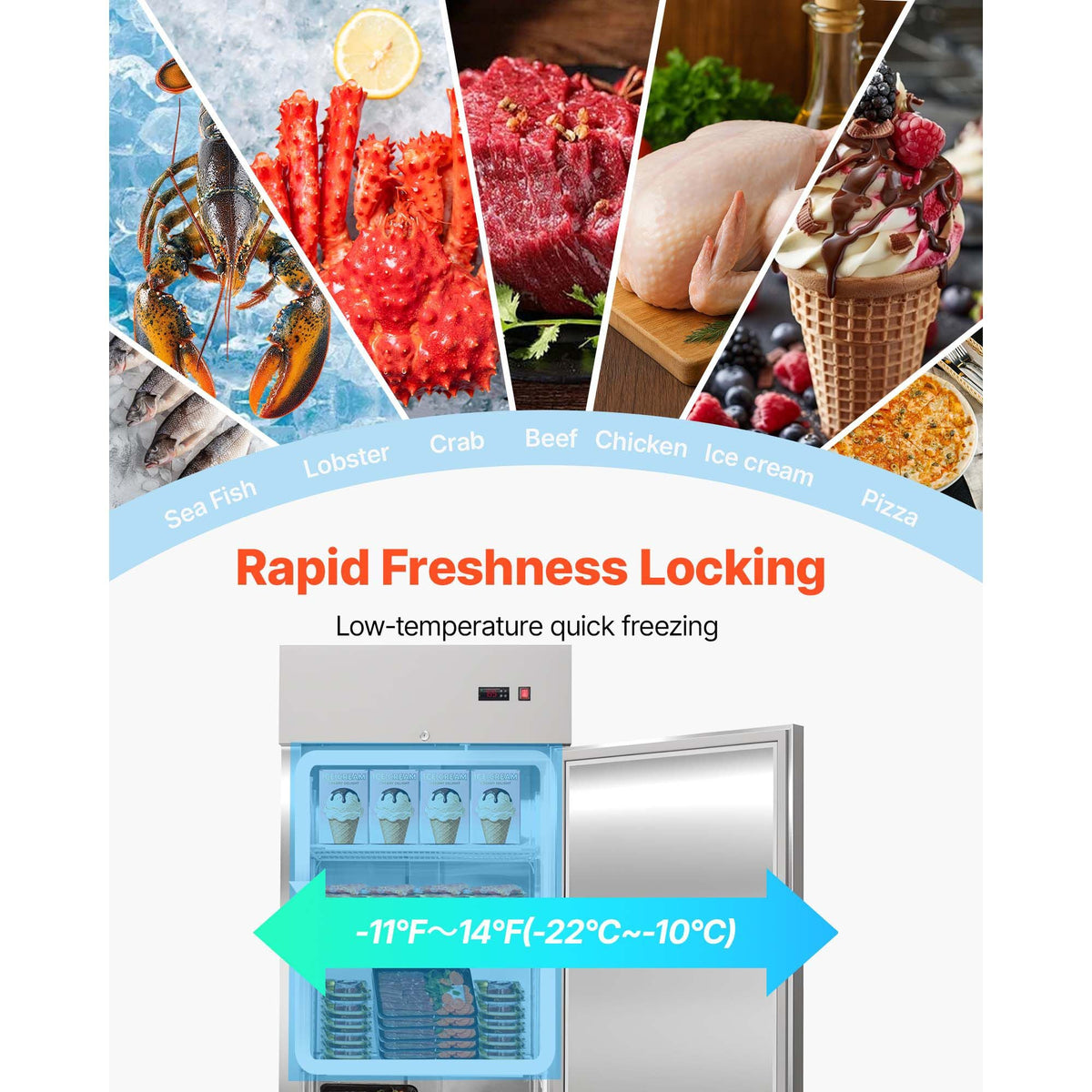 Commercial Reach-In Freezer 29" W, 22 Cu.Ft Stainless Steel Upright Freezer with Single Door, Auto-Defrost, 4 Adjustable Shelves, -11 to 14 F Temp Control, LED Light, ETL Certified