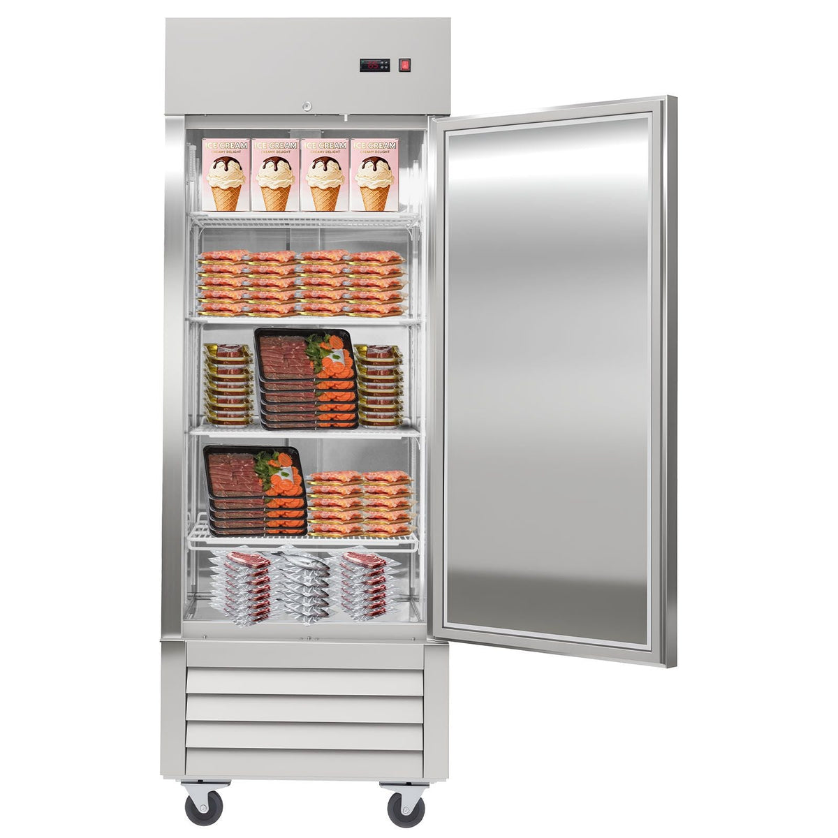 Commercial Reach-In Freezer 29" W, 22 Cu.Ft Stainless Steel Upright Freezer with Single Door, Auto-Defrost, 4 Adjustable Shelves, -11 to 14 F Temp Control, LED Light, ETL Certified