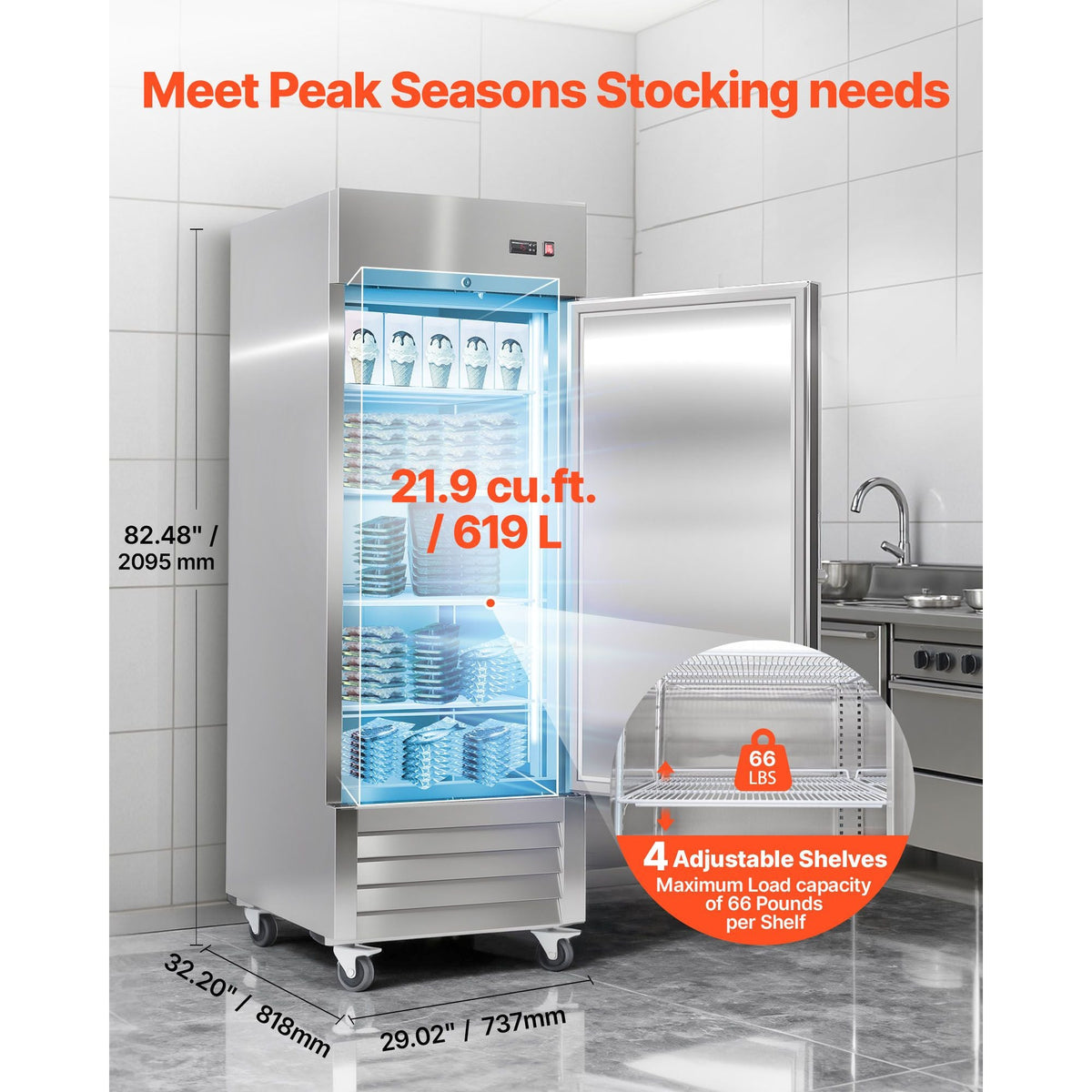 Commercial Reach-In Freezer 29" W, 22 Cu.Ft Stainless Steel Upright Freezer with Single Door, Auto-Defrost, 4 Adjustable Shelves, -11 to 14 F Temp Control, LED Light, ETL Certified