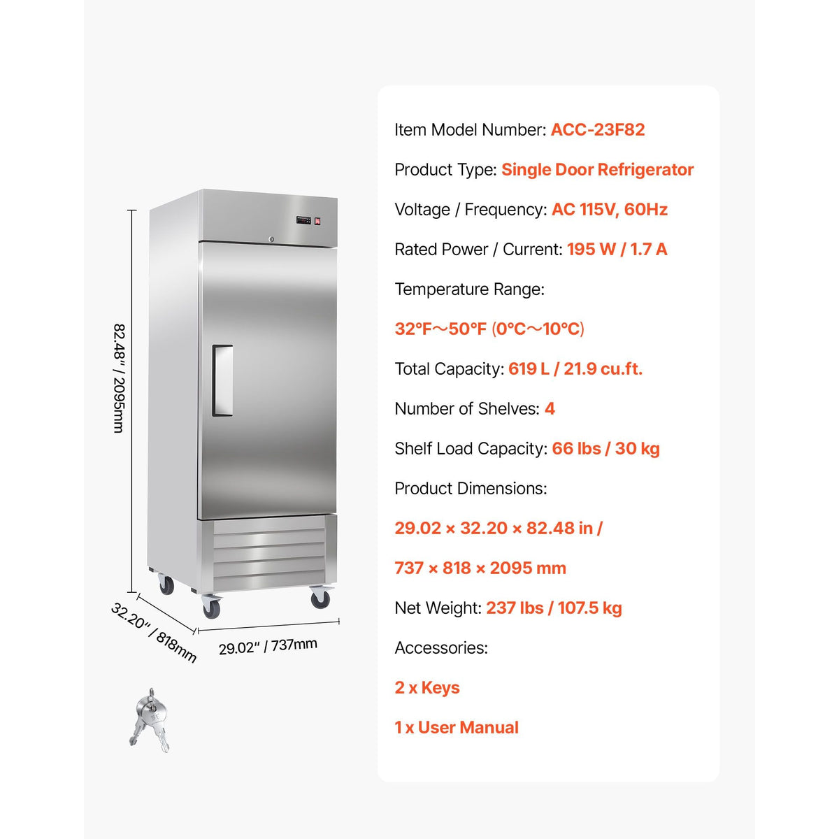 Commercial Reach-In Refrigerator 29" W, 22 Cu.Ft Stainless Steel Upright Refrigerator with Single Door, Auto-Defrost, 4 Adjustable Shelves, 32 to 50 Fahrenheit Temp Control, ETL Certified