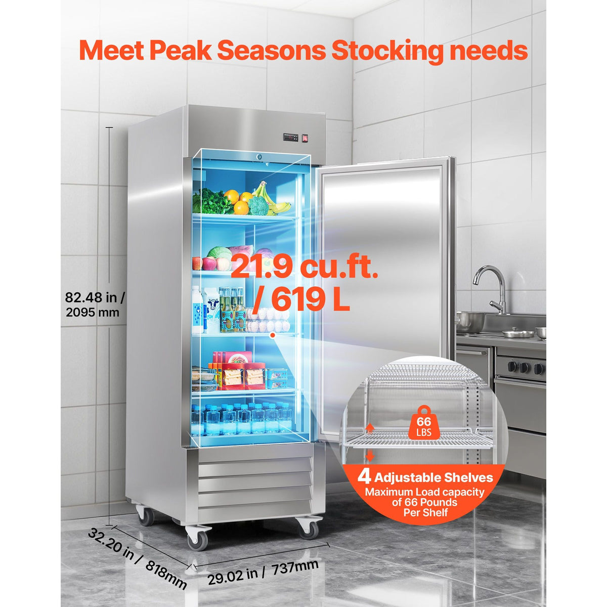 Commercial Reach-In Refrigerator 29" W, 22 Cu.Ft Stainless Steel Upright Refrigerator with Single Door, Auto-Defrost, 4 Adjustable Shelves, 32 to 50 Fahrenheit Temp Control, ETL Certified