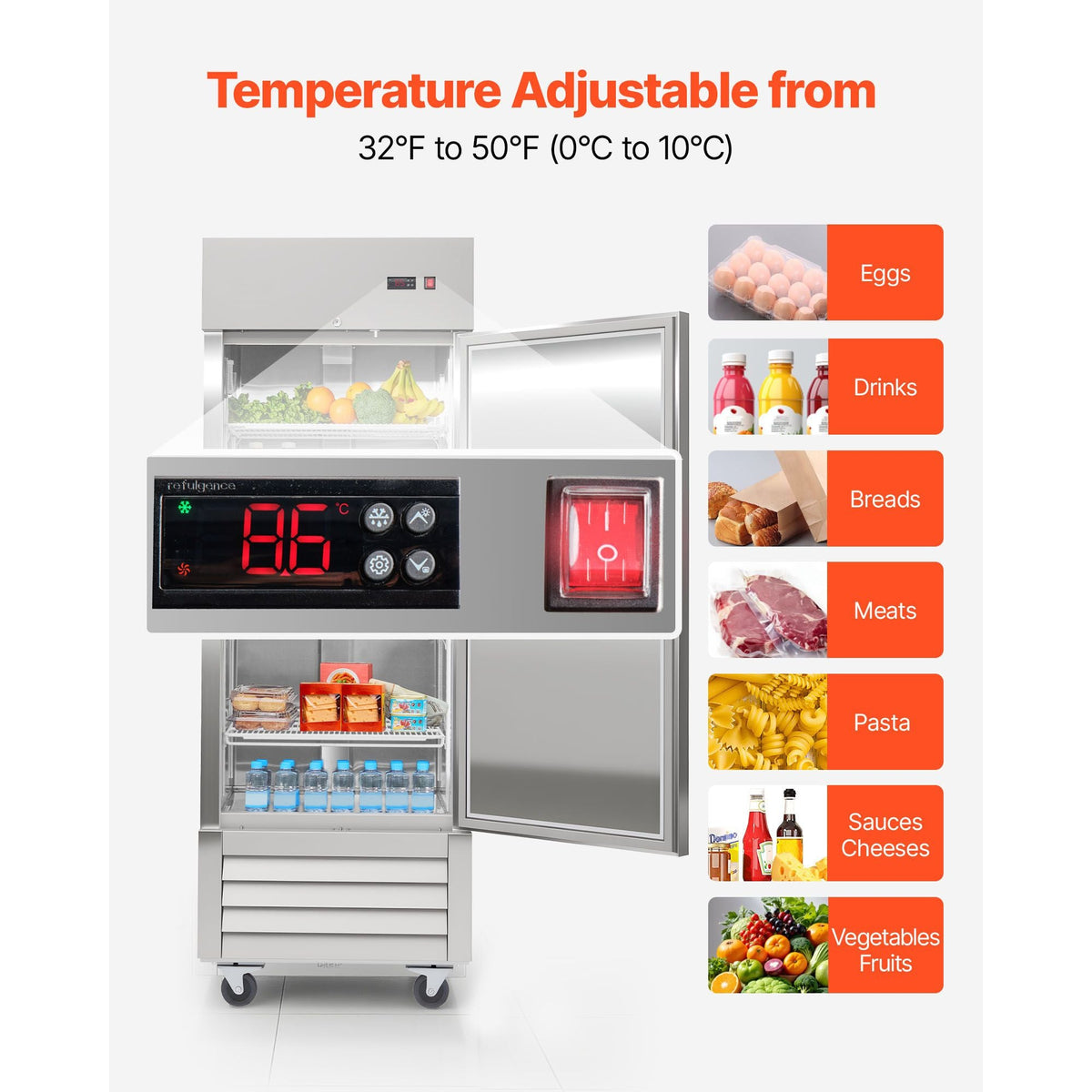 Commercial Reach-In Refrigerator 29" W, 22 Cu.Ft Stainless Steel Upright Refrigerator with Single Door, Auto-Defrost, 4 Adjustable Shelves, 32 to 50 Fahrenheit Temp Control, ETL Certified