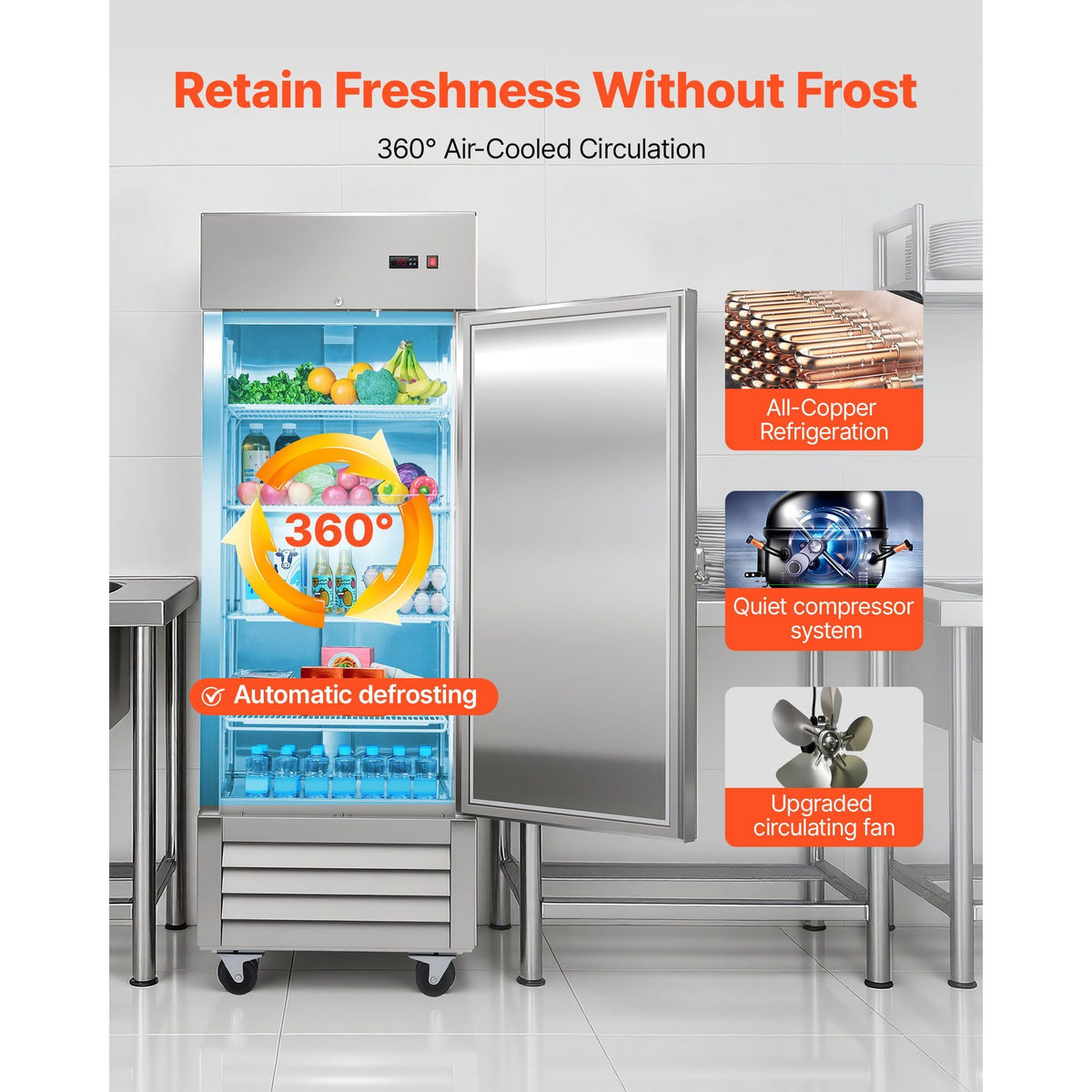 Commercial Reach-In Refrigerator 29" W, 22 Cu.Ft Stainless Steel Upright Refrigerator with Single Door, Auto-Defrost, 4 Adjustable Shelves, 32 to 50 Fahrenheit Temp Control, ETL Certified