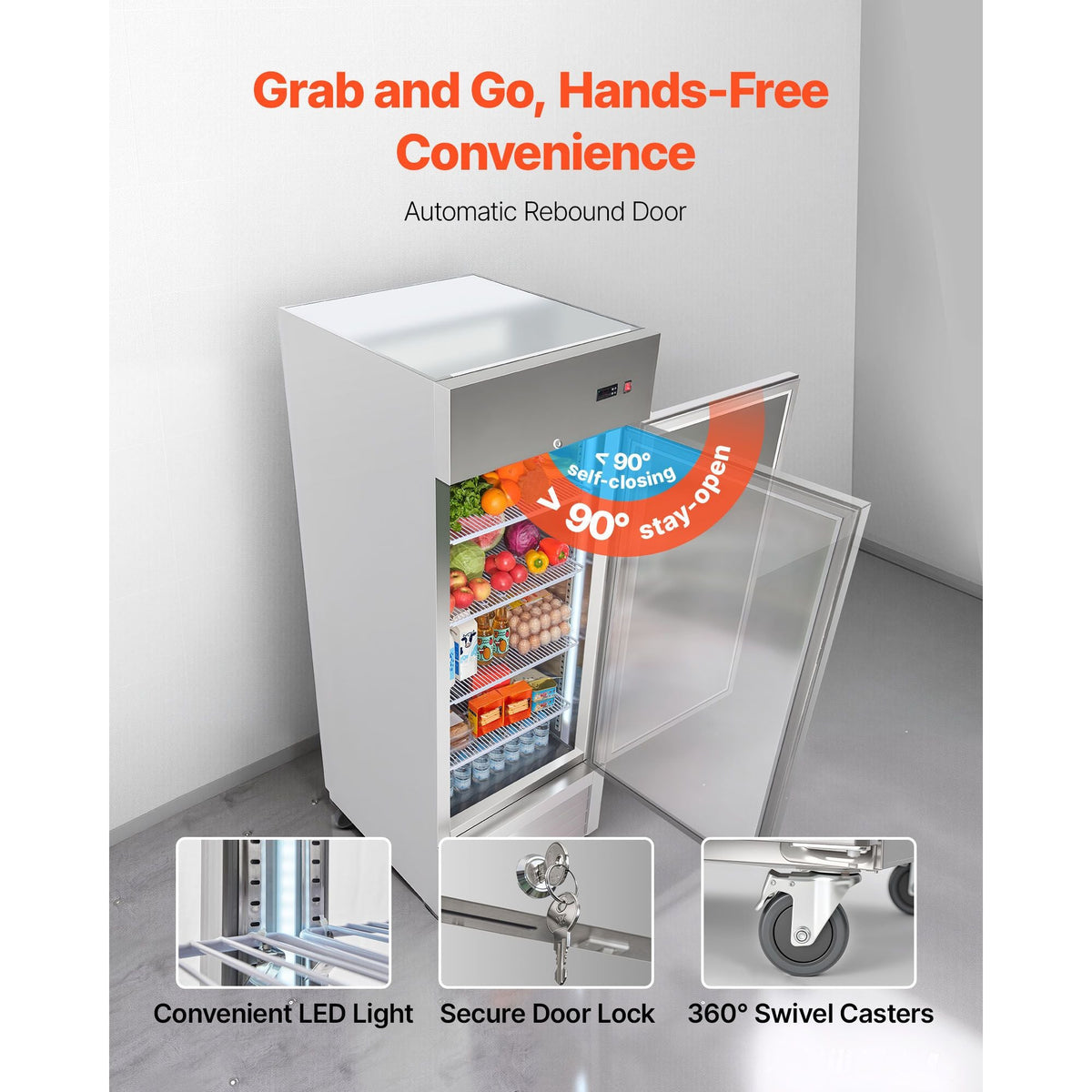 Commercial Reach-In Refrigerator 29" W, 22 Cu.Ft Stainless Steel Upright Refrigerator with Single Door, Auto-Defrost, 4 Adjustable Shelves, 32 to 50 Fahrenheit Temp Control, ETL Certified