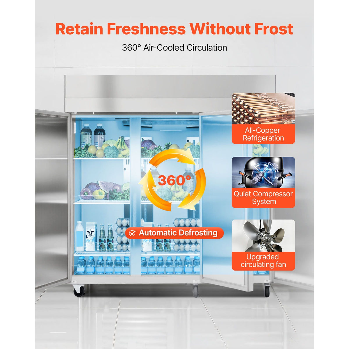 Commercial Reach-In Refrigerator 72" W, 52 Cu.Ft Stainless Steel Upright Refrigerator with Three Doors, Auto-Defrost, 9 Adjustable Shelves, 32 to 50 Fahrenheit Temp Control, UL Certified