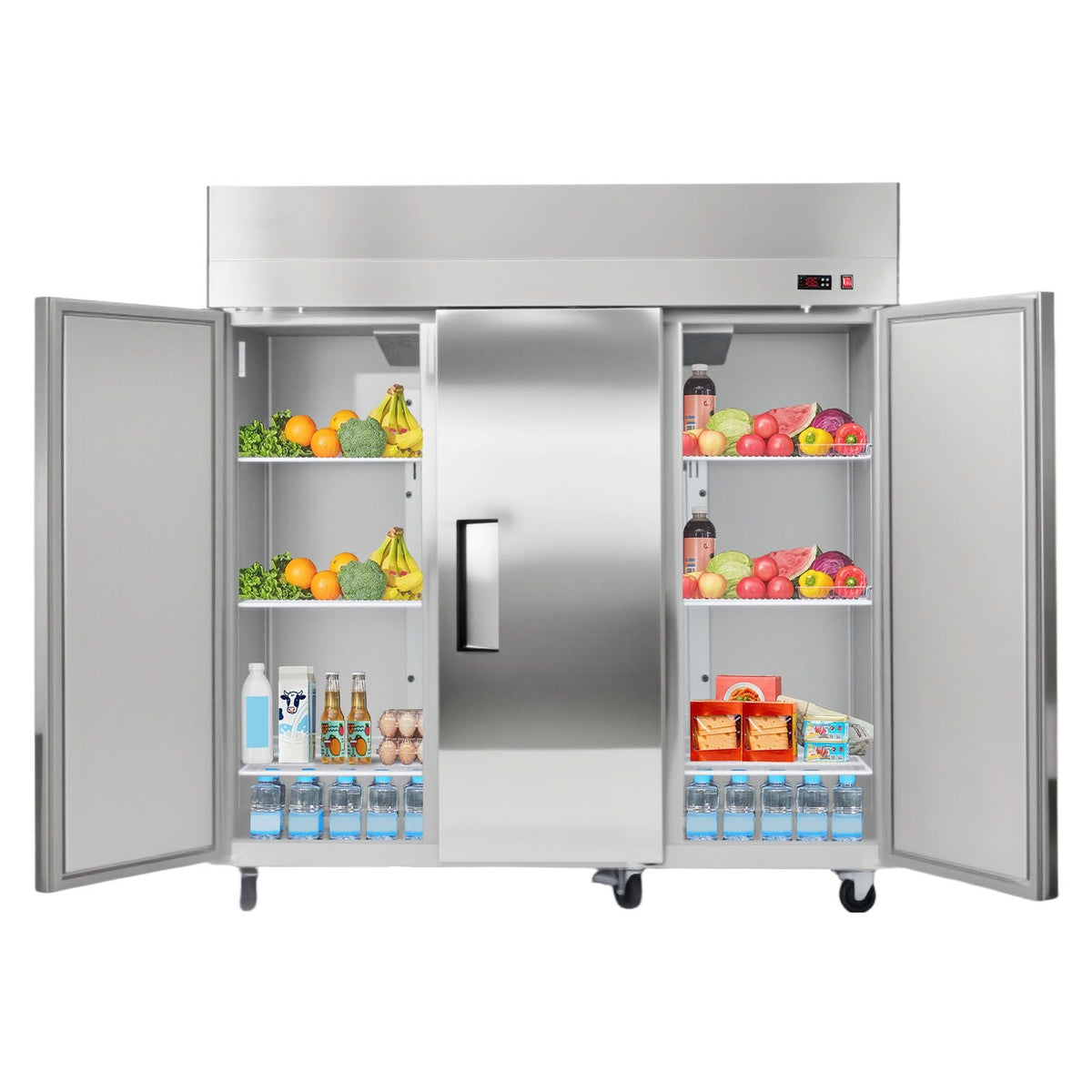 Commercial Reach-In Refrigerator 72" W, 52 Cu.Ft Stainless Steel Upright Refrigerator with Three Doors, Auto-Defrost, 9 Adjustable Shelves, 32 to 50 Fahrenheit Temp Control, UL Certified