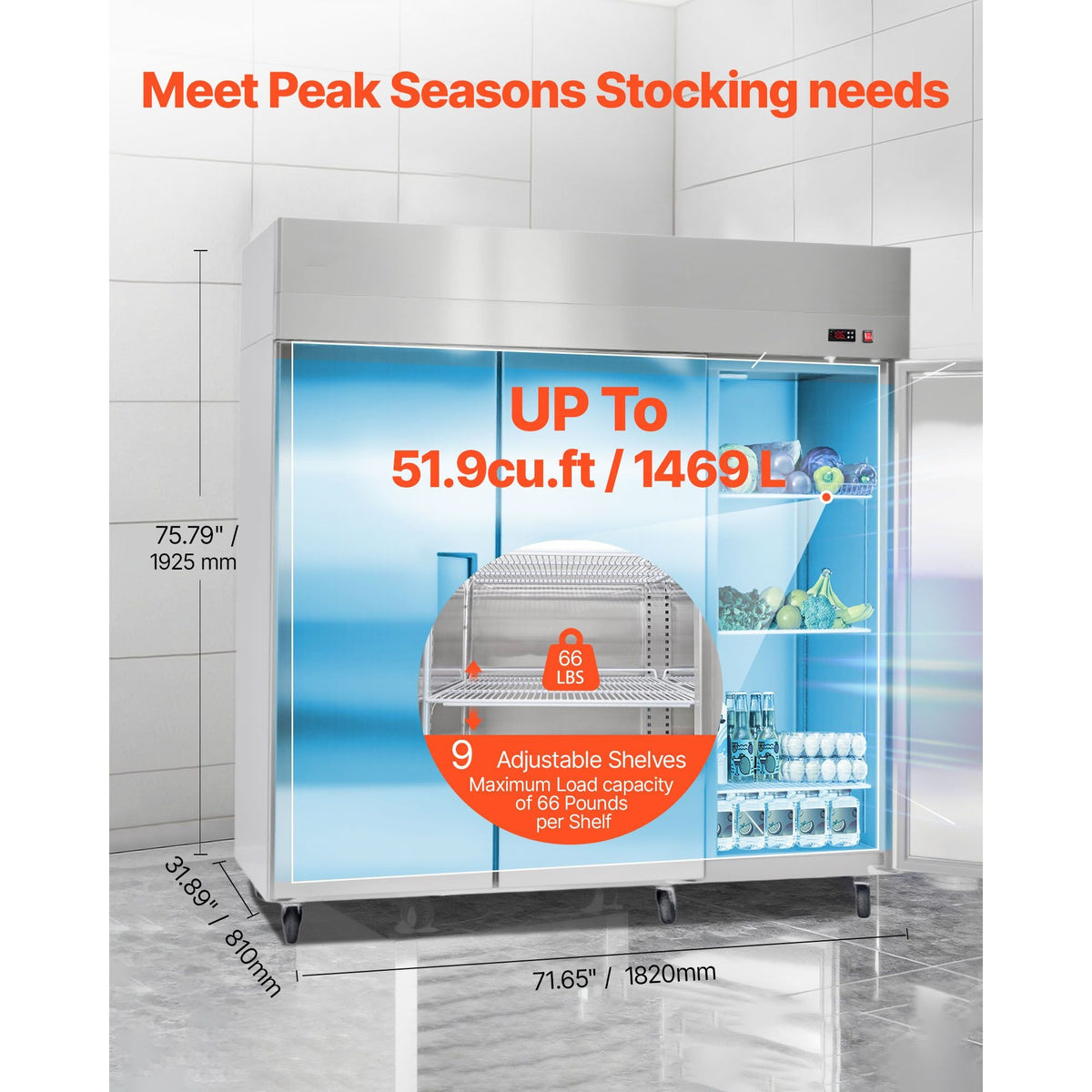 Commercial Reach-In Refrigerator 72" W, 52 Cu.Ft Stainless Steel Upright Refrigerator with Three Doors, Auto-Defrost, 9 Adjustable Shelves, 32 to 50 Fahrenheit Temp Control, UL Certified
