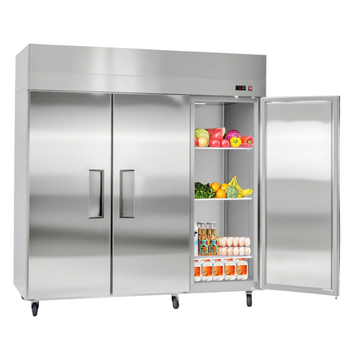 Commercial Reach-In Refrigerator 72" W, 52 Cu.Ft Stainless Steel Upright Refrigerator with Three Doors, Auto-Defrost, 9 Adjustable Shelves, 32 to 50 Fahrenheit Temp Control, UL Certified