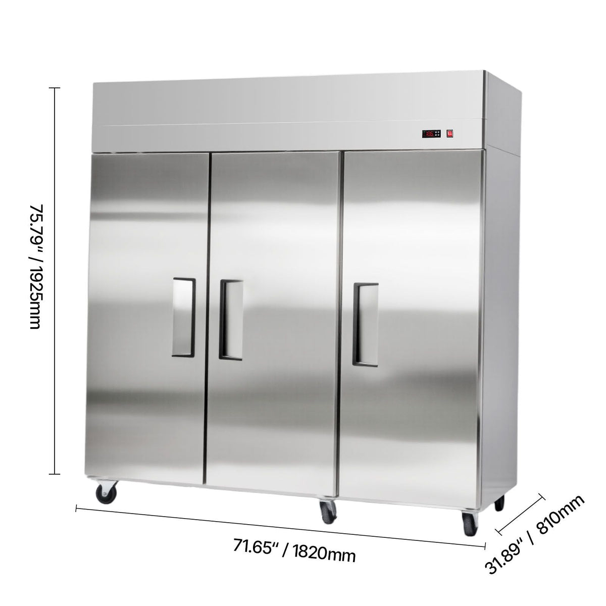 Commercial Reach-In Refrigerator 72" W, 52 Cu.Ft Stainless Steel Upright Refrigerator with Three Doors, Auto-Defrost, 9 Adjustable Shelves, 32 to 50 Fahrenheit Temp Control, UL Certified