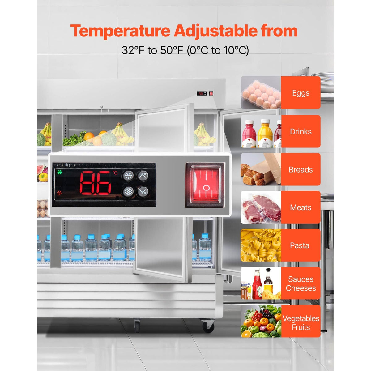 Commercial Reach-In Refrigerator 85" W, 69 Cu.Ft Stainless Steel Upright Refrigerator with Three Doors, Auto-Defrost, 12 Adjustable Shelves, 32 to 50 Fahrenheit Temp Control, ETL Certified
