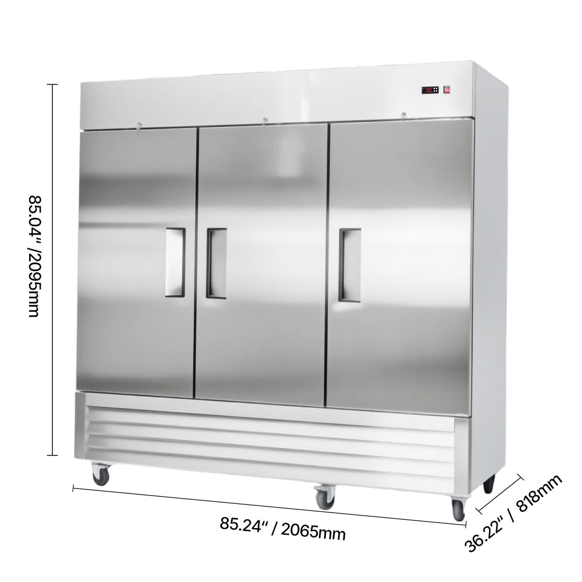 Commercial Reach-In Refrigerator 85" W, 69 Cu.Ft Stainless Steel Upright Refrigerator with Three Doors, Auto-Defrost, 12 Adjustable Shelves, 32 to 50 Fahrenheit Temp Control, ETL Certified