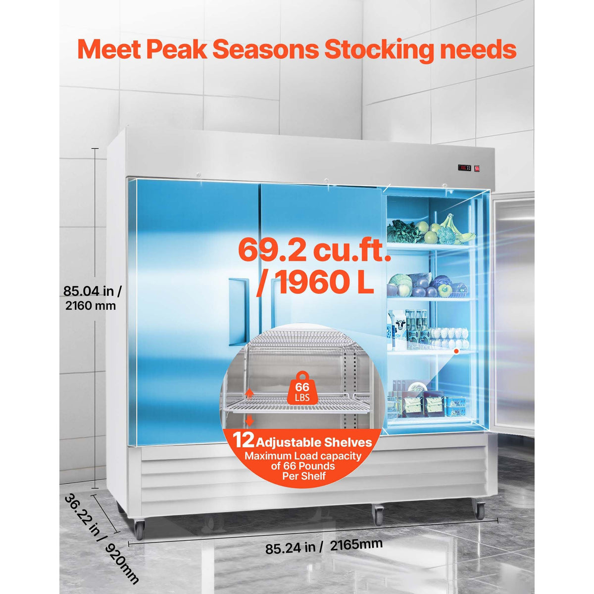Commercial Reach-In Refrigerator 85" W, 69 Cu.Ft Stainless Steel Upright Refrigerator with Three Doors, Auto-Defrost, 12 Adjustable Shelves, 32 to 50 Fahrenheit Temp Control, ETL Certified
