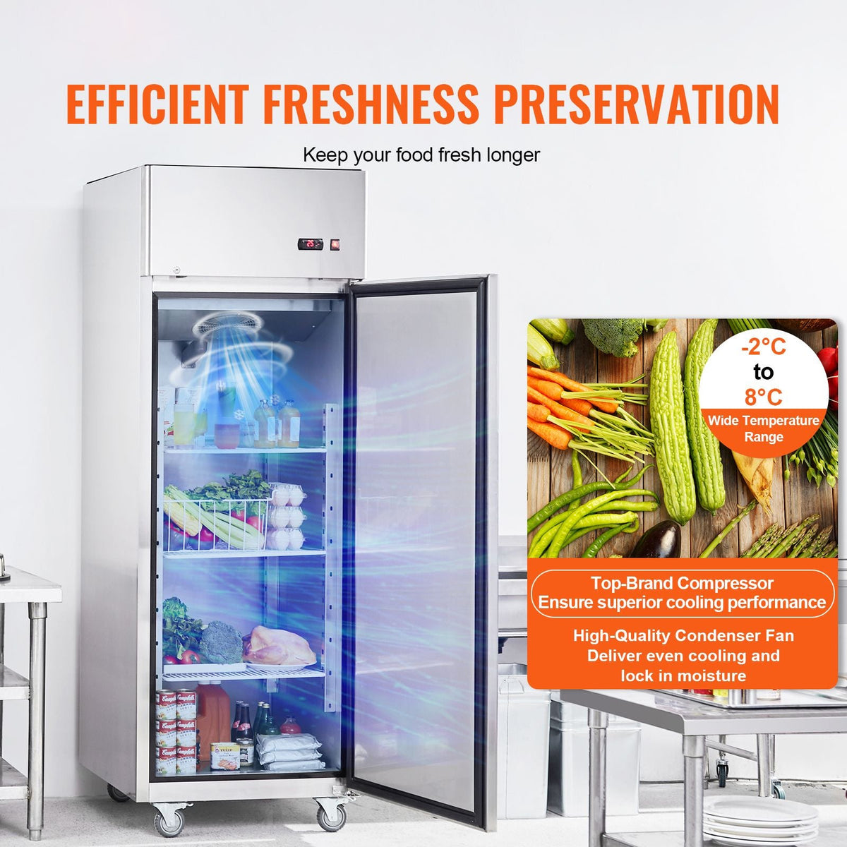 Commercial Refrigerator 19.32 Cu.ft, Reach In 27" W Upright Refrigerator Single Door, Auto-Defrost Stainless Steel Reach-in Refrigerator & 4 Shelves, 33 to 41 F Temp Control, LED Light, 4 Wheel