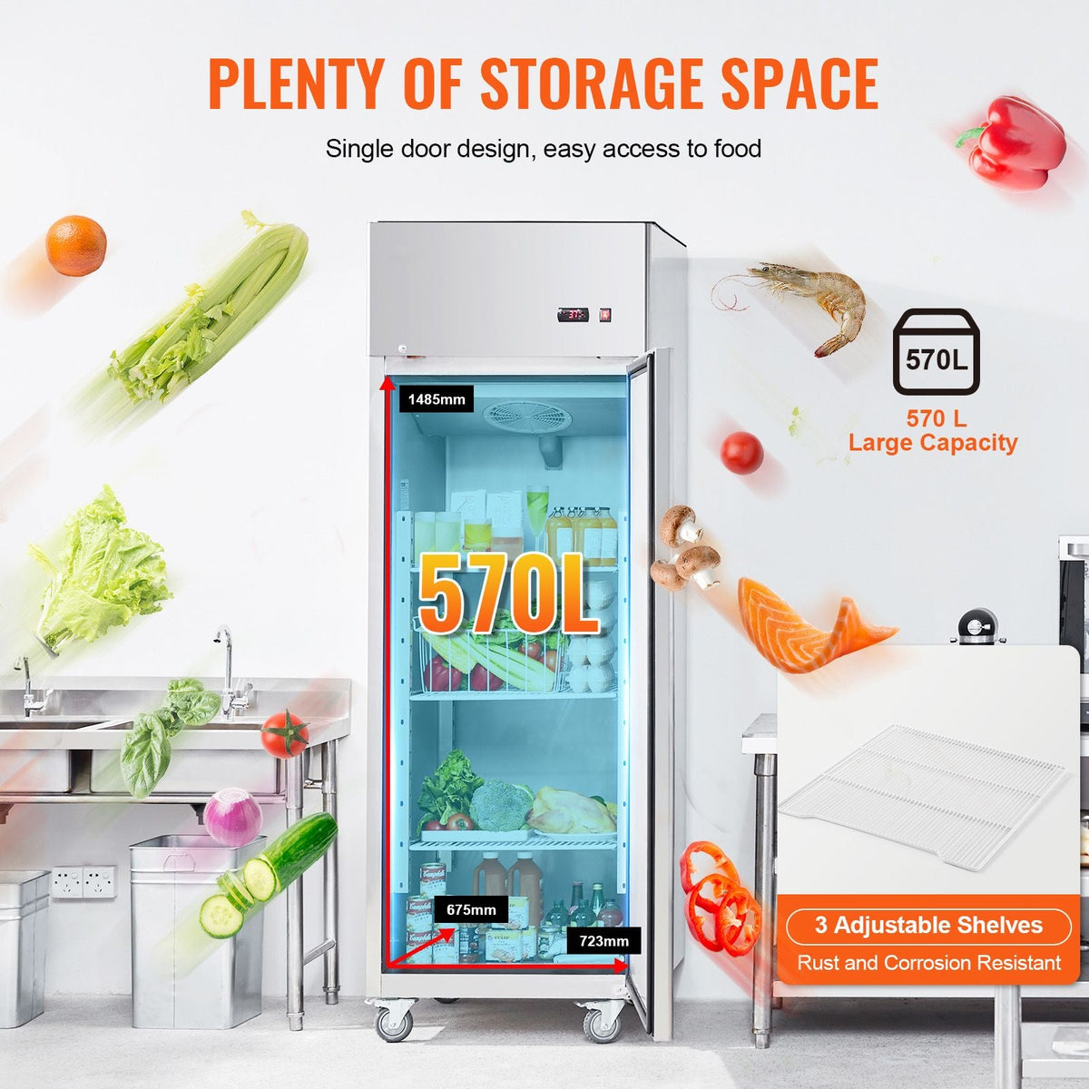 Commercial Refrigerator 19.32 Cu.ft, Reach In 27" W Upright Refrigerator Single Door, Auto-Defrost Stainless Steel Reach-in Refrigerator & 4 Shelves, 33 to 41 F Temp Control, LED Light, 4 Wheel