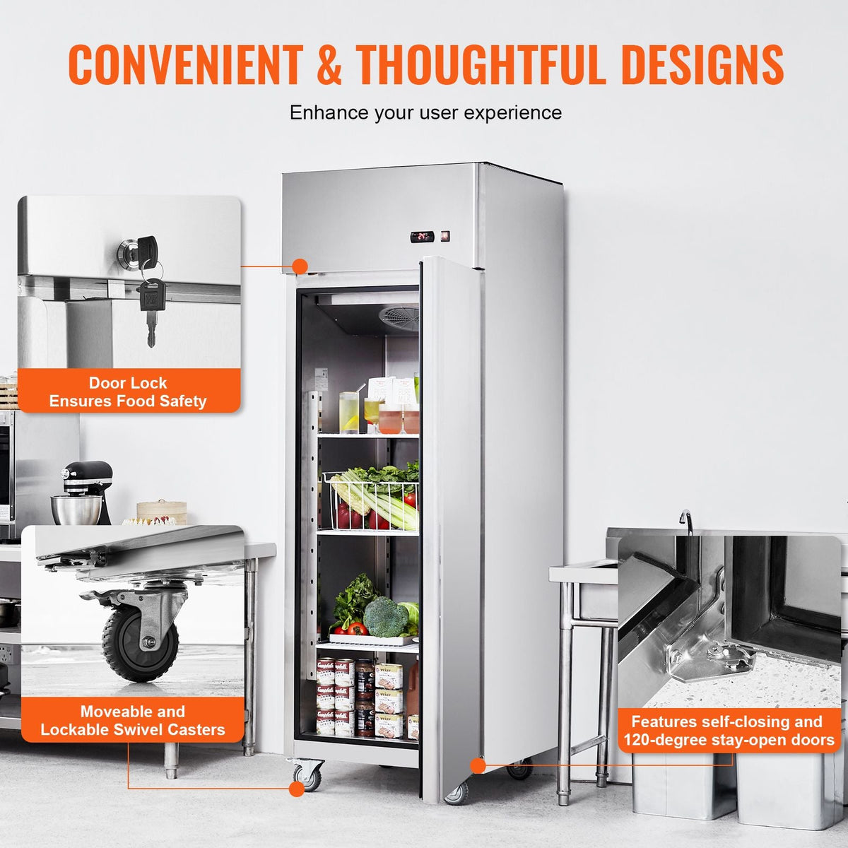 Commercial Refrigerator 19.32 Cu.ft, Reach In 27" W Upright Refrigerator Single Door, Auto-Defrost Stainless Steel Reach-in Refrigerator & 4 Shelves, 33 to 41 F Temp Control, LED Light, 4 Wheel