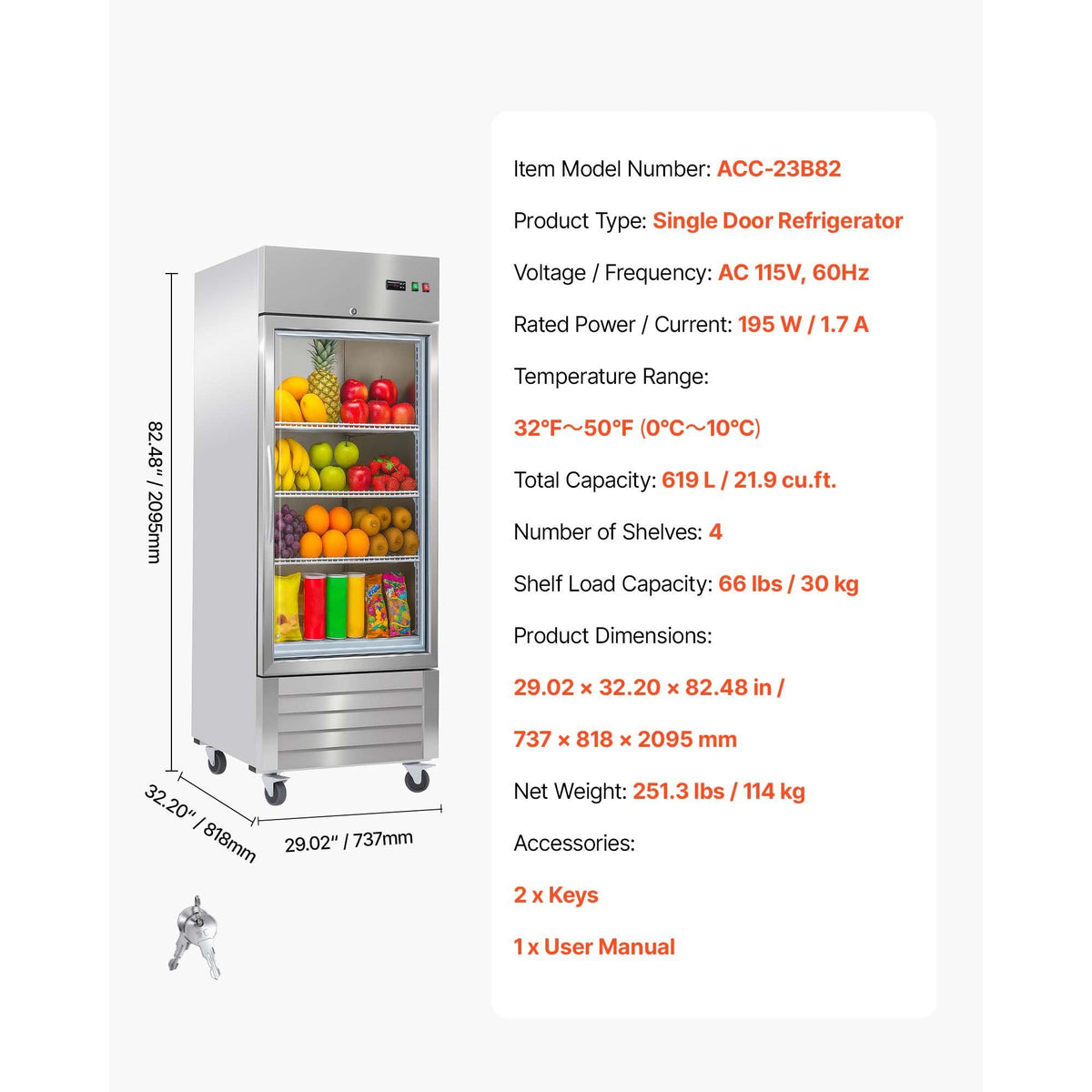 Commercial Refrigerator, 29.02 in Width Reach In Upright Refrigeration Single Glass Door, 21.5 Cu.ft Auto-Defrost Refrigerator with 4 Adjustable Shelves, 32 to 50 Fahrenheit Temp Range