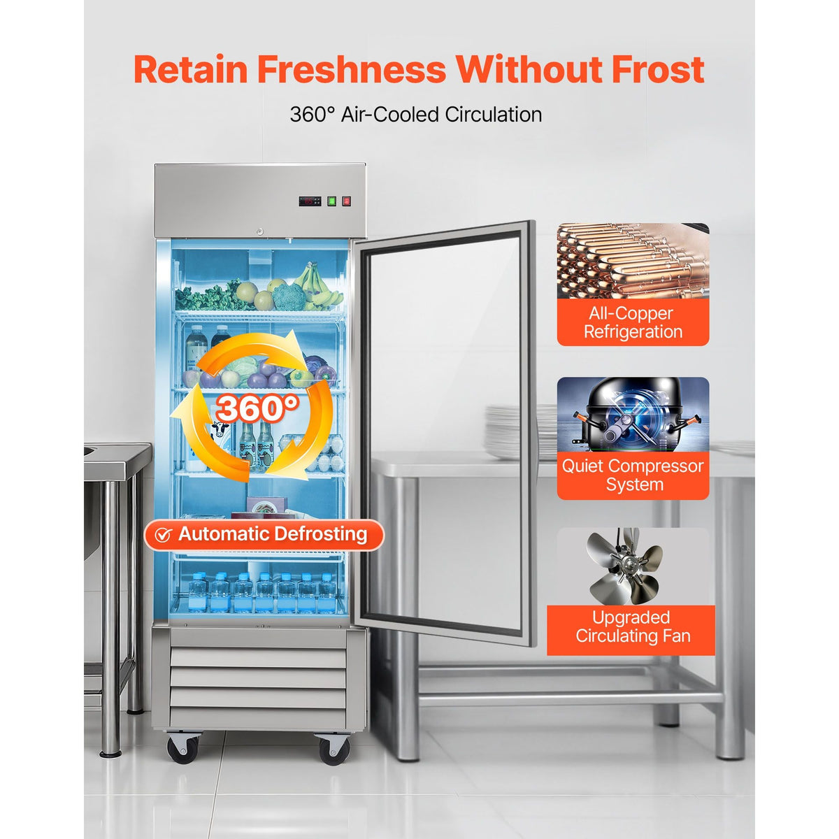 Commercial Refrigerator, 29.02 in Width Reach In Upright Refrigeration Single Glass Door, 21.5 Cu.ft Auto-Defrost Refrigerator with 4 Adjustable Shelves, 32 to 50 Fahrenheit Temp Range