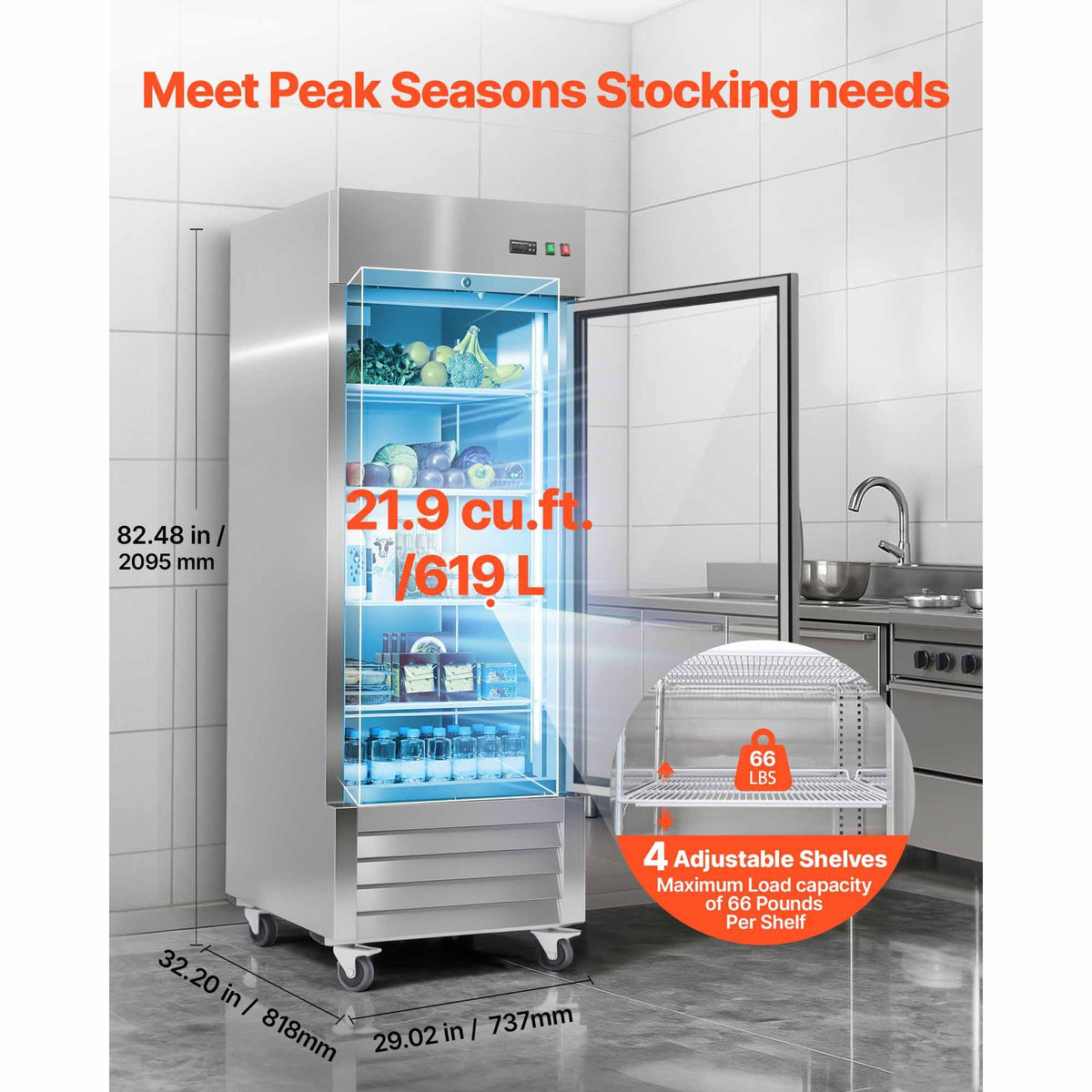 Commercial Refrigerator, 29.02 in Width Reach In Upright Refrigeration Single Glass Door, 21.5 Cu.ft Auto-Defrost Refrigerator with 4 Adjustable Shelves, 32 to 50 Fahrenheit Temp Range