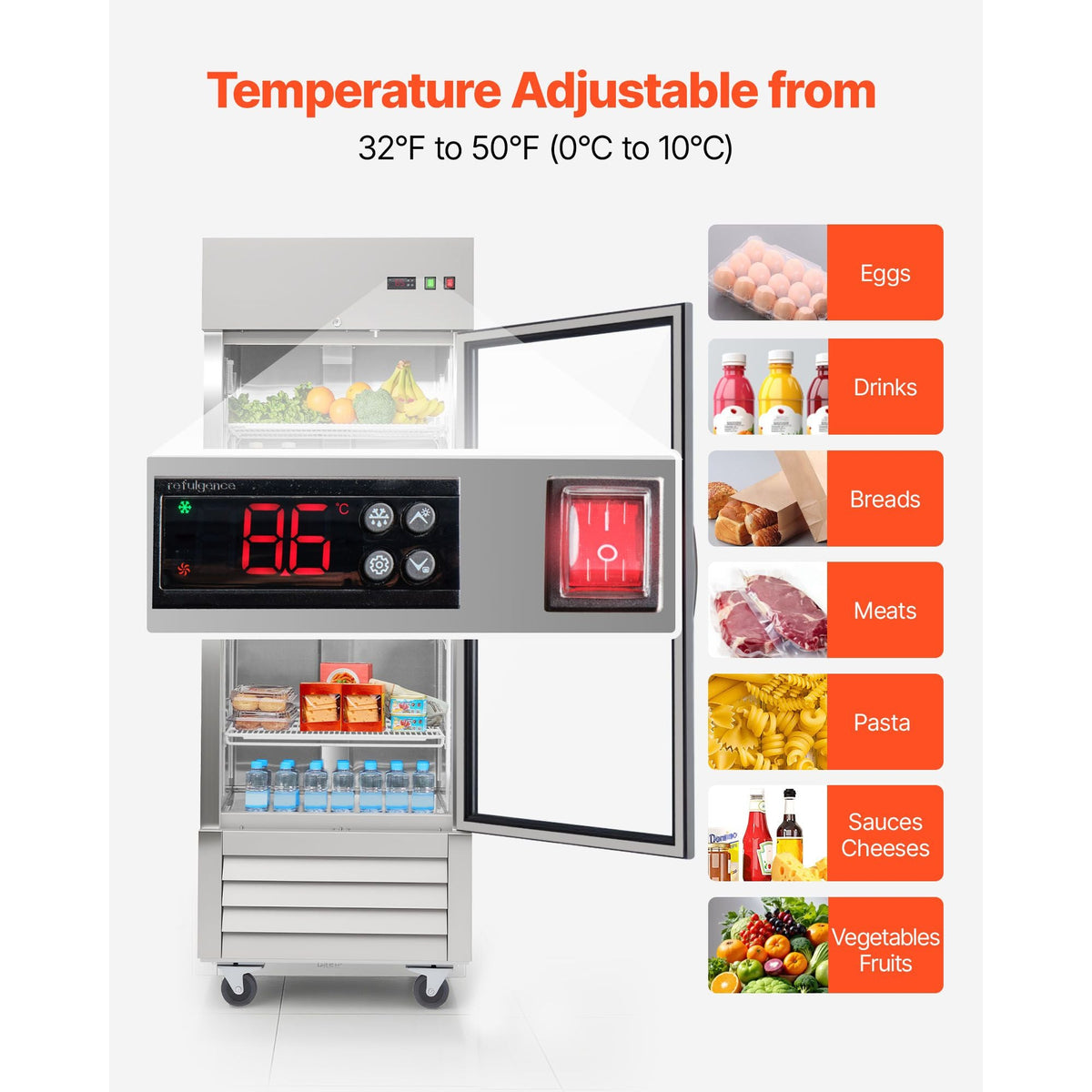 Commercial Refrigerator, 29.02 in Width Reach In Upright Refrigeration Single Glass Door, 21.5 Cu.ft Auto-Defrost Refrigerator with 4 Adjustable Shelves, 32 to 50 Fahrenheit Temp Range
