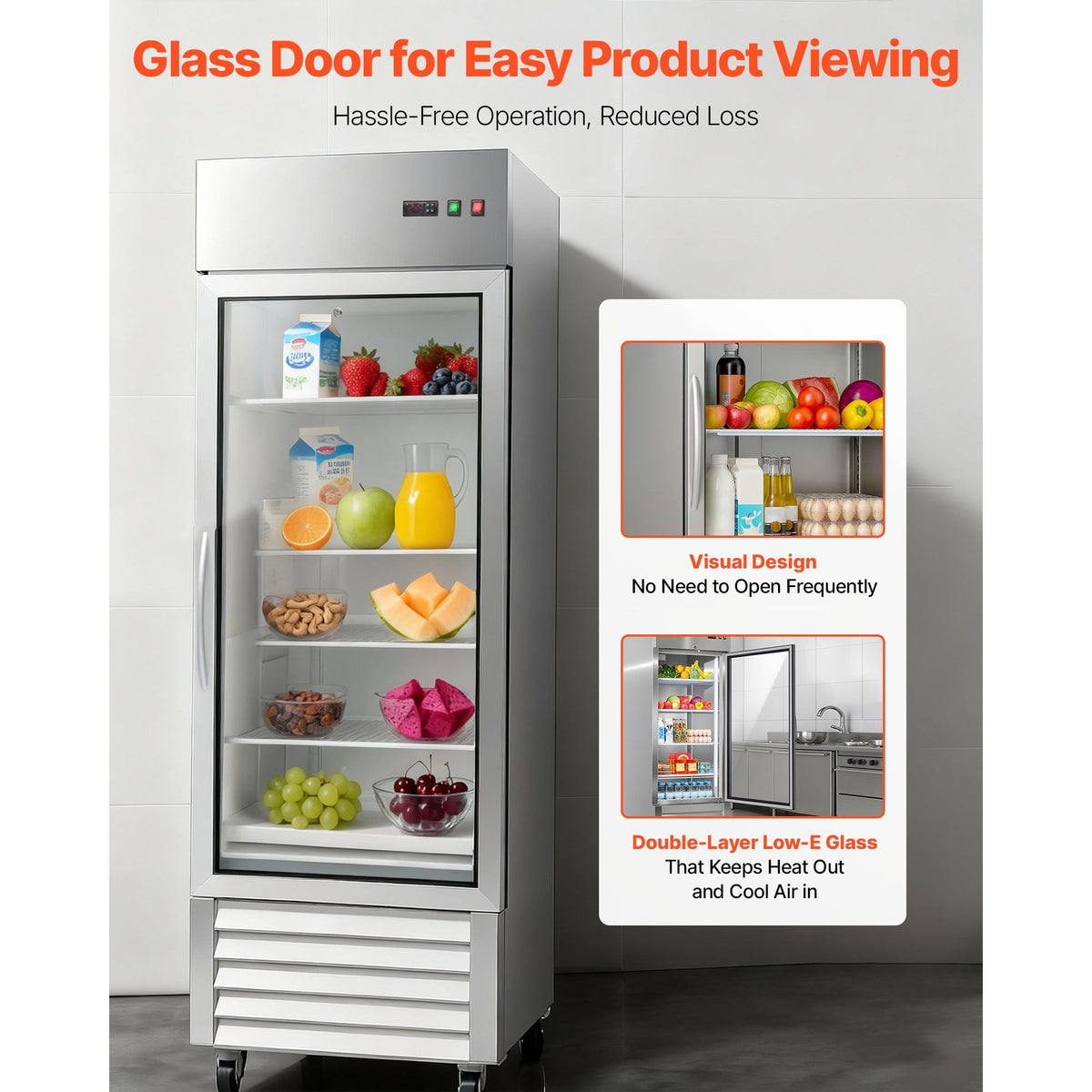 Commercial Refrigerator, 29.02 in Width Reach In Upright Refrigeration Single Glass Door, 21.5 Cu.ft Auto-Defrost Refrigerator with 4 Adjustable Shelves, 32 to 50 Fahrenheit Temp Range