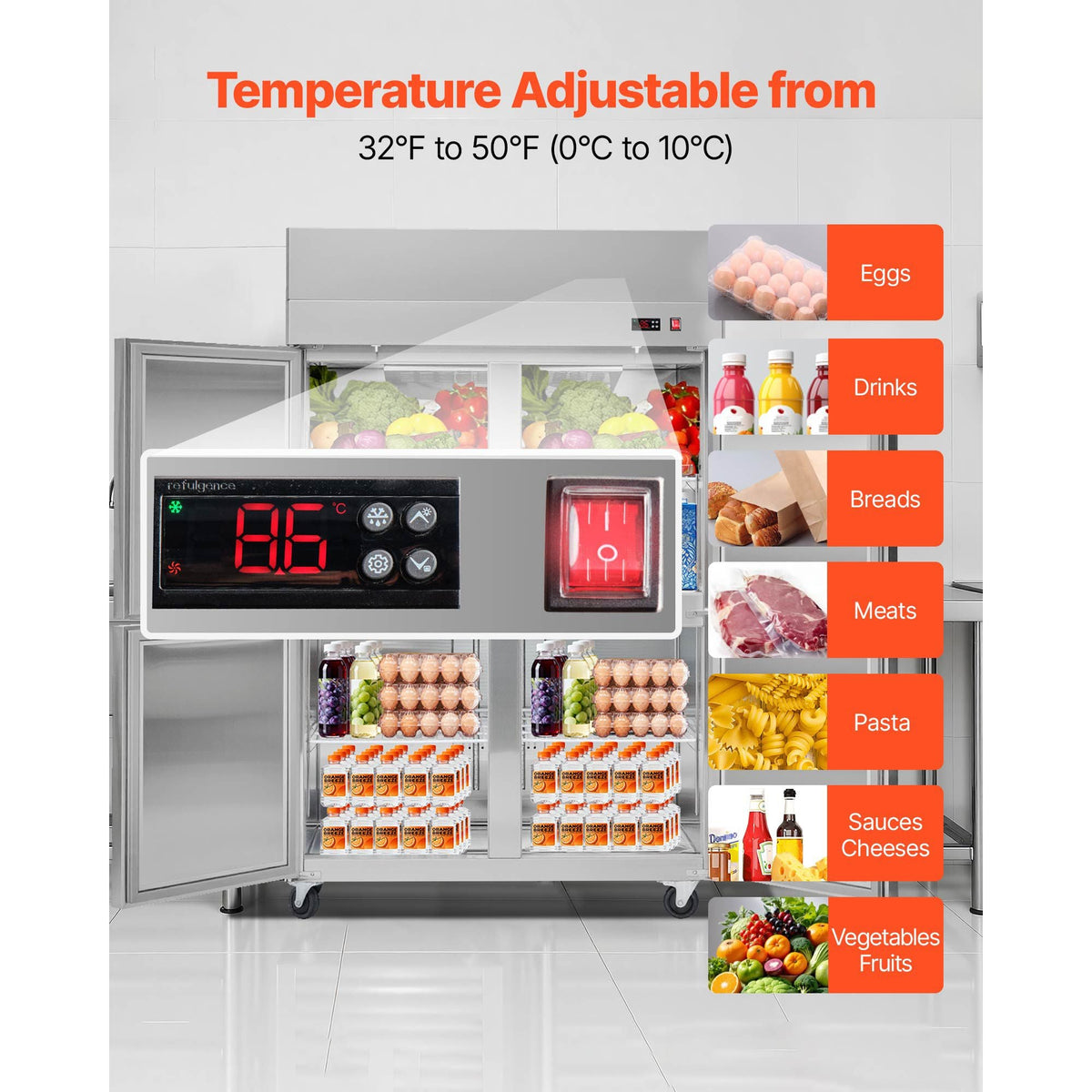 Commercial Refrigerator, 31.89 in Width Reach In Upright Refrigeration Four Door, 31.4 Cu.ft Auto-Defrost Refrigerator with 6 Adjustable Shelves, 32 to 50 Fahrenheit Temp Range, 4 Wheels