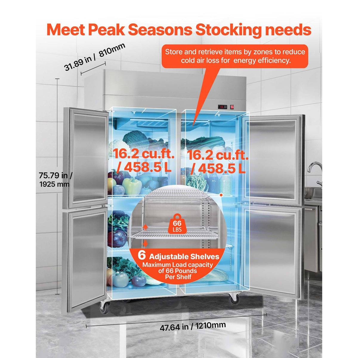 Commercial Refrigerator, 31.89 in Width Reach In Upright Refrigeration Four Door, 31.4 Cu.ft Auto-Defrost Refrigerator with 6 Adjustable Shelves, 32 to 50 Fahrenheit Temp Range, 4 Wheels