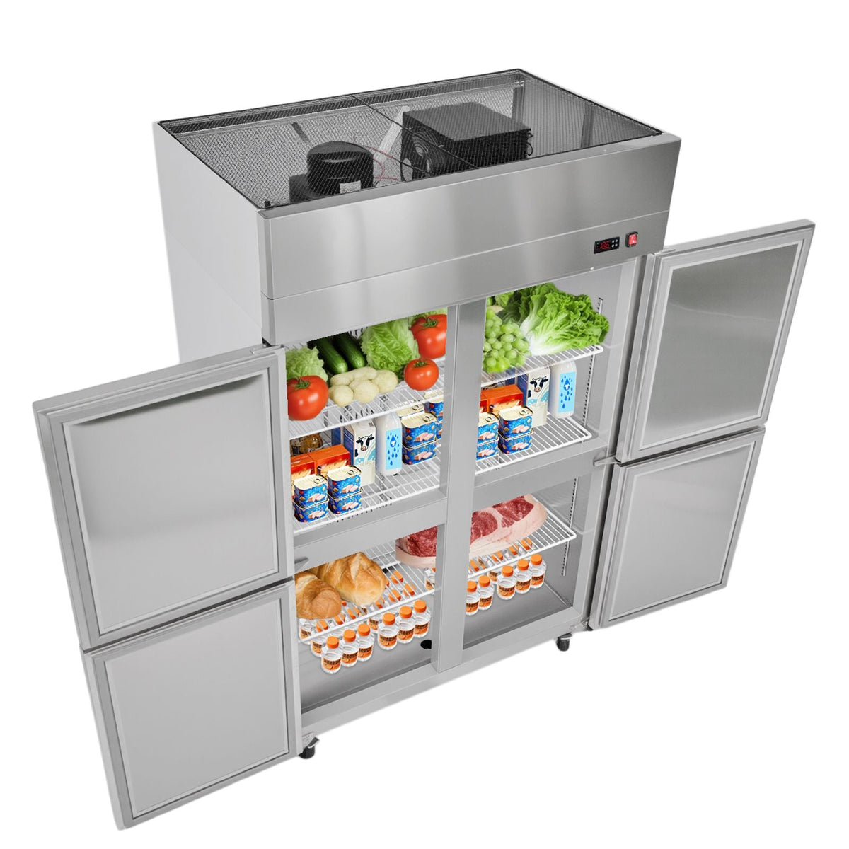 Commercial Refrigerator, 31.89 in Width Reach In Upright Refrigeration Four Door, 31.4 Cu.ft Auto-Defrost Refrigerator with 6 Adjustable Shelves, 32 to 50 Fahrenheit Temp Range, 4 Wheels