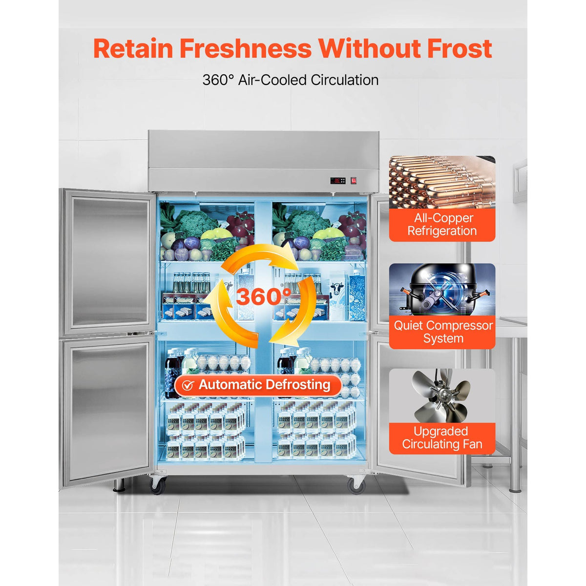 Commercial Refrigerator, 31.89 in Width Reach In Upright Refrigeration Four Door, 31.4 Cu.ft Auto-Defrost Refrigerator with 6 Adjustable Shelves, 32 to 50 Fahrenheit Temp Range, 4 Wheels