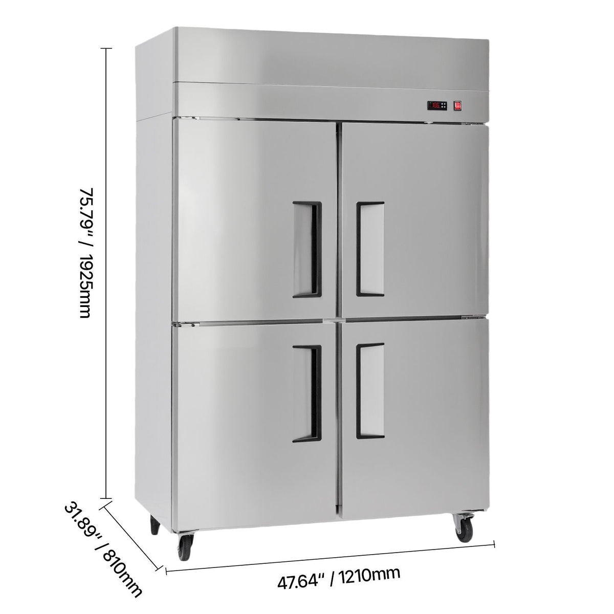 Commercial Refrigerator, 31.89 in Width Reach In Upright Refrigeration Four Door, 31.4 Cu.ft Auto-Defrost Refrigerator with 6 Adjustable Shelves, 32 to 50 Fahrenheit Temp Range, 4 Wheels