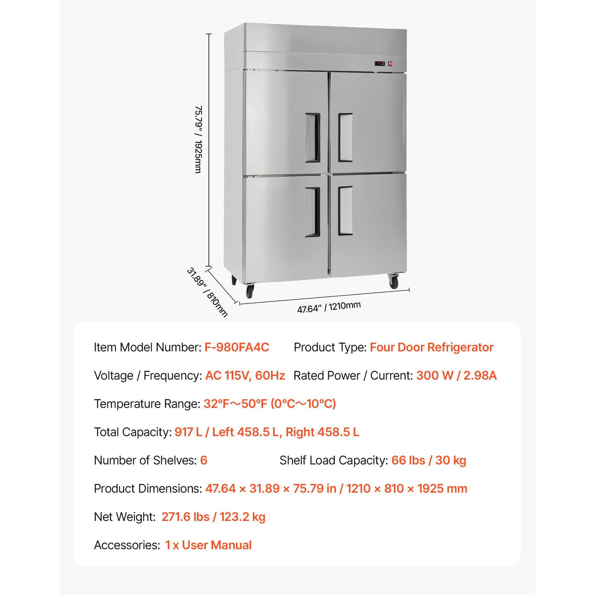 Commercial Refrigerator, 31.89 in Width Reach In Upright Refrigeration Four Door, 31.4 Cu.ft Auto-Defrost Refrigerator with 6 Adjustable Shelves, 32 to 50 Fahrenheit Temp Range, 4 Wheels