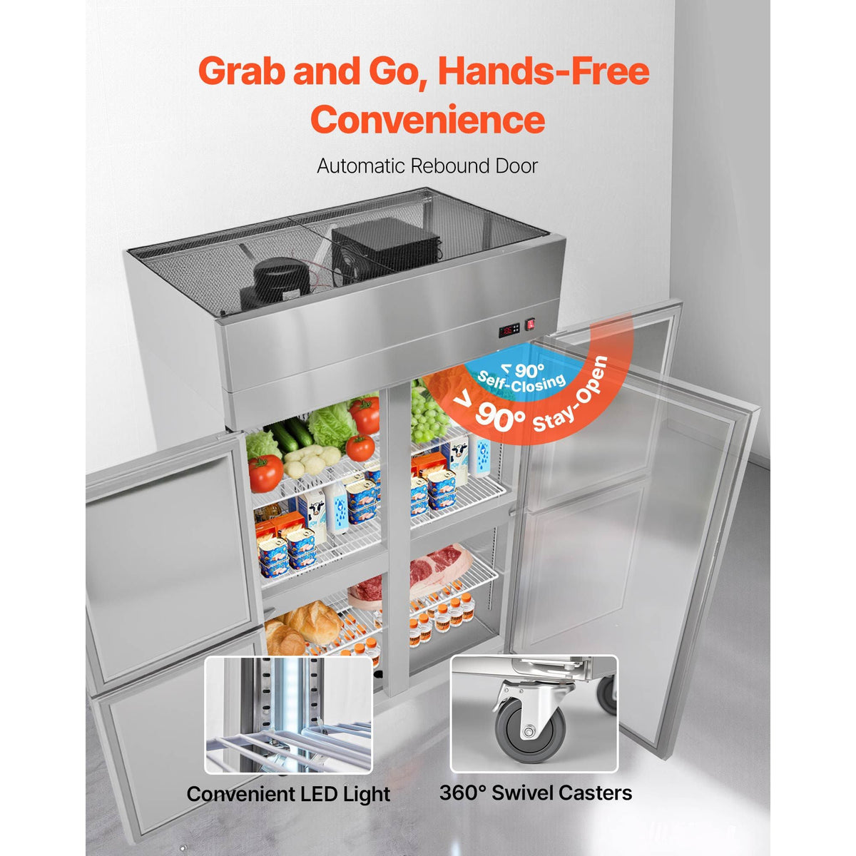 Commercial Refrigerator, 31.89 in Width Reach In Upright Refrigeration Four Door, 31.4 Cu.ft Auto-Defrost Refrigerator with 6 Adjustable Shelves, 32 to 50 Fahrenheit Temp Range, 4 Wheels