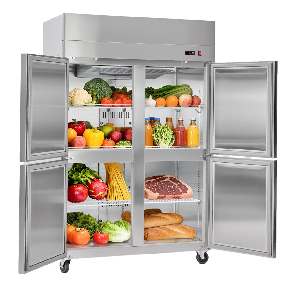 Commercial Refrigerator, 31.89 in Width Reach In Upright Refrigeration Four Door, 31.4 Cu.ft Auto-Defrost Refrigerator with 6 Adjustable Shelves, 32 to 50 Fahrenheit Temp Range, 4 Wheels