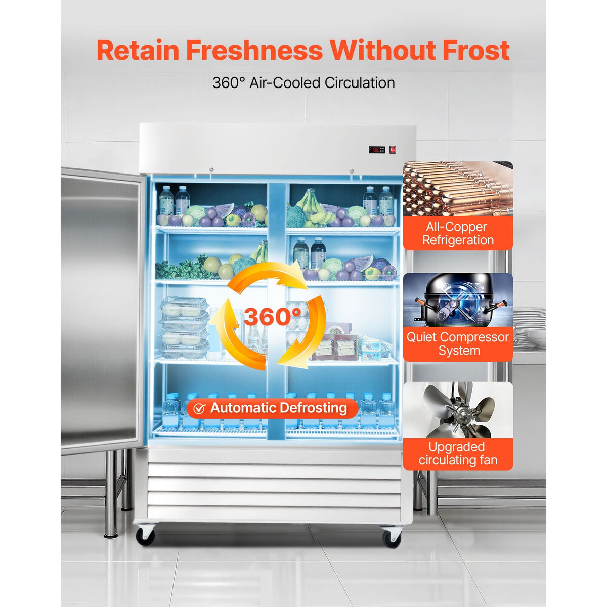 Commercial Refrigerator, 32.2 in Width Reach In Upright Refrigeration Double Door, 43.2 Cu.ft Auto-Defrost Refrigerator with 8 Adjustable Shelves, 32 to 50 Fahrenheit Temp Range, 4 Wheels