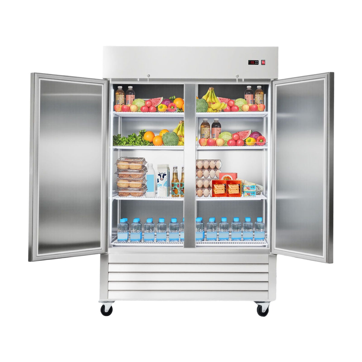 Commercial Refrigerator, 32.2 in Width Reach In Upright Refrigeration Double Door, 43.2 Cu.ft Auto-Defrost Refrigerator with 8 Adjustable Shelves, 32 to 50 Fahrenheit Temp Range, 4 Wheels