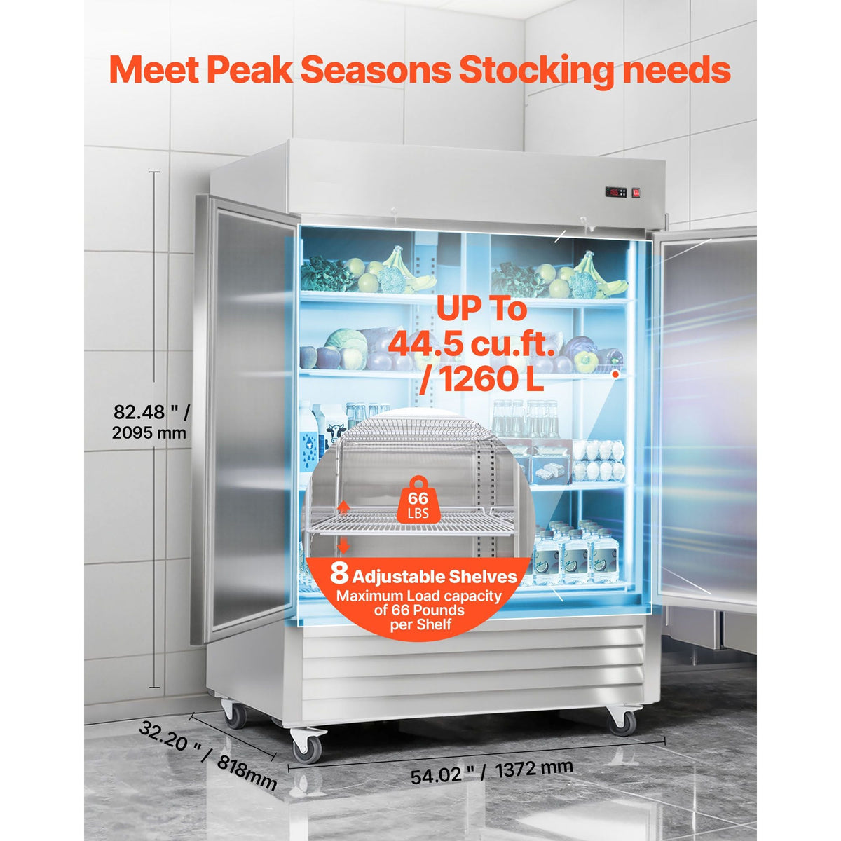 Commercial Refrigerator, 32.2 in Width Reach In Upright Refrigeration Double Door, 43.2 Cu.ft Auto-Defrost Refrigerator with 8 Adjustable Shelves, 32 to 50 Fahrenheit Temp Range, 4 Wheels
